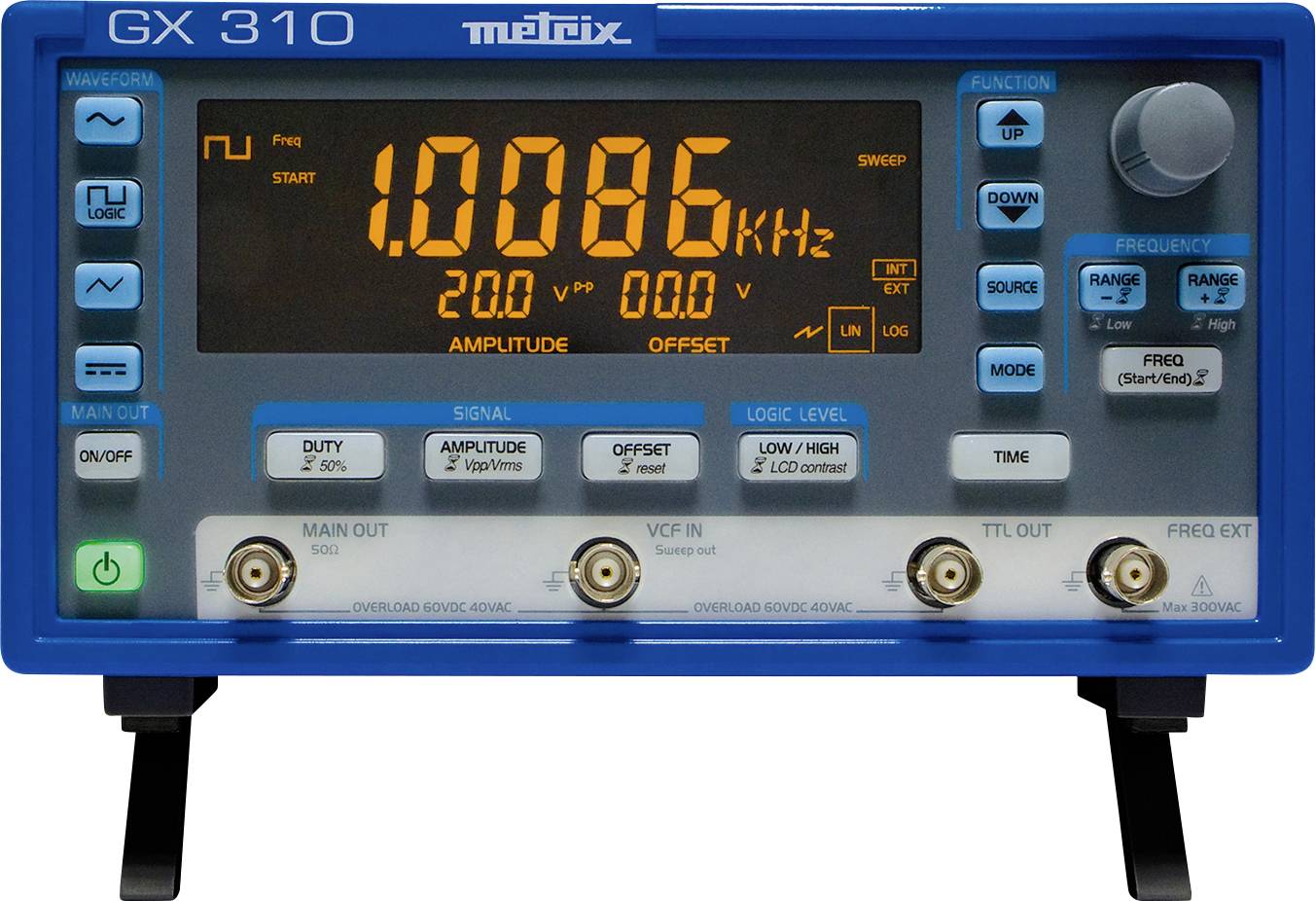 Oszilloskop mit digitalem Display zeigt 1.0086 kHz. Bedientasten und Anschlüsse an der Vorderseite. Herstellername oben.