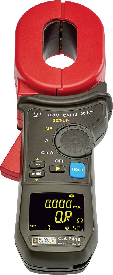 Rohrzangen-Multimeter in Rot und Schwarz mit digitaler Anzeige für Messungen von Spannung, Widerstand und Stromstärke.