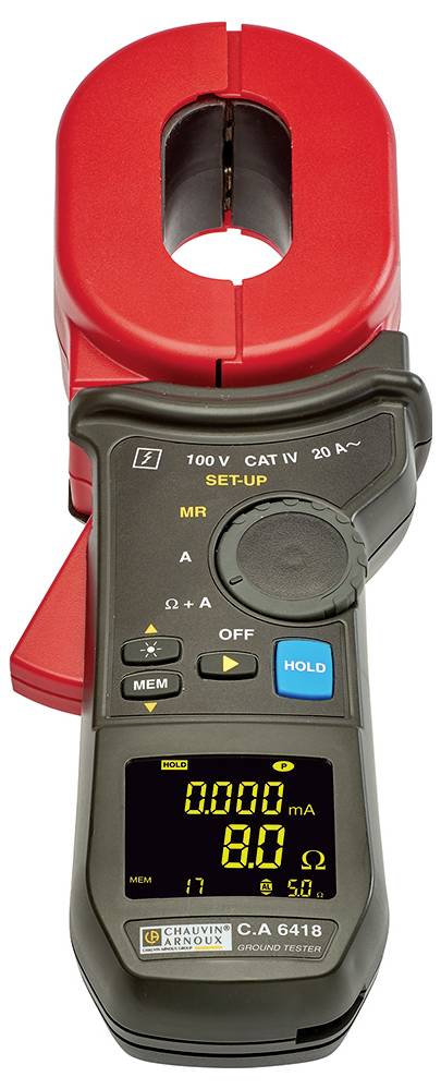 Ein Zangenamperemeter mit digitalem Display, das 0,00 mA anzeigt. Es hat eine rote Zange und wird zum Messen elektrischer Ströme verwendet.