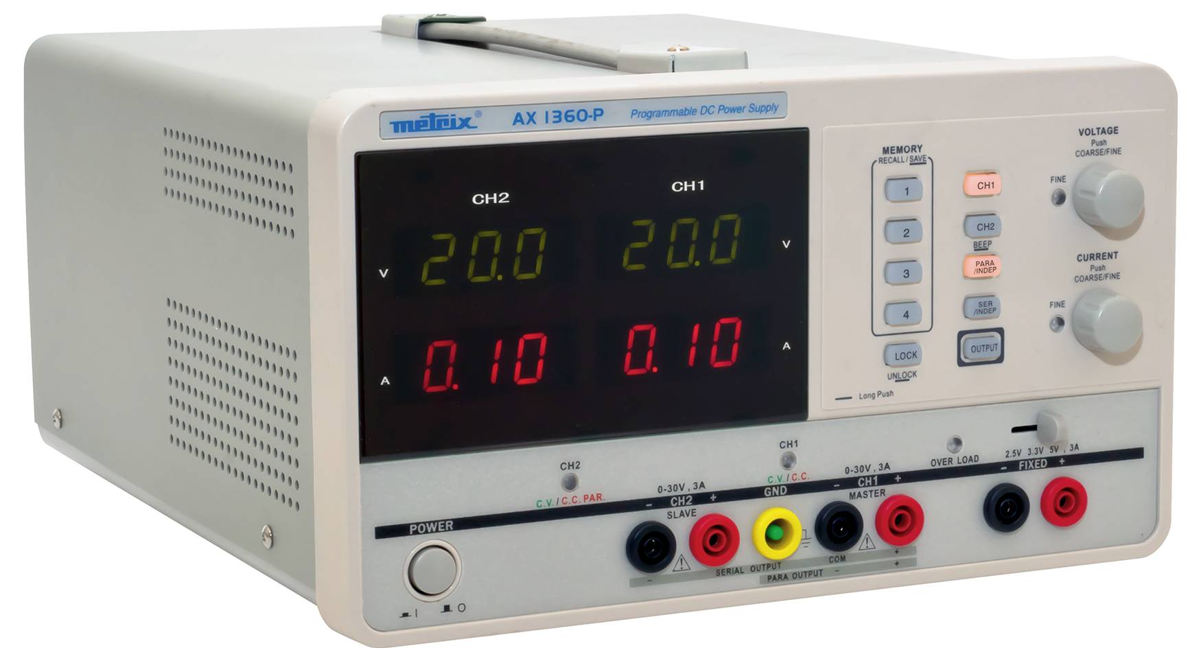 Labornetzgerät mit zwei Kanälen. LCD zeigt Spannung 20V und Stromstärke 0,10A für beide Kanäle. Bedienknöpfe und Anschlüsse sichtbar.