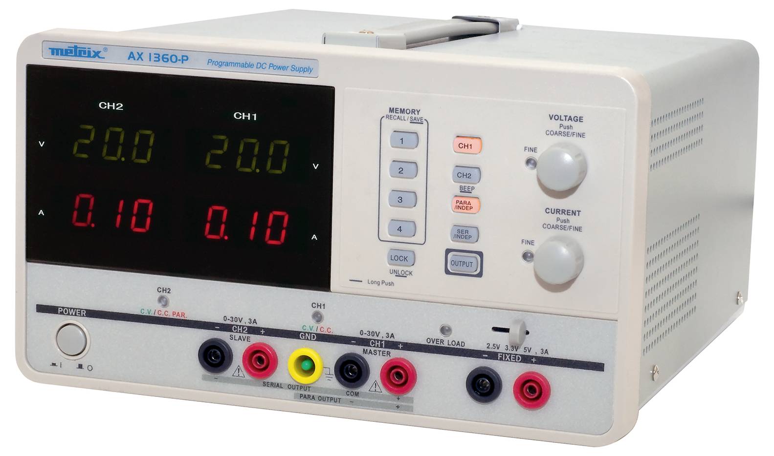 Programmierbares DC-Netzgerät mit zwei Kanälen, zeigt Spannung von 20,0V und Stromstärke von 0,10A pro Kanal. Bedienelemente sichtbar.