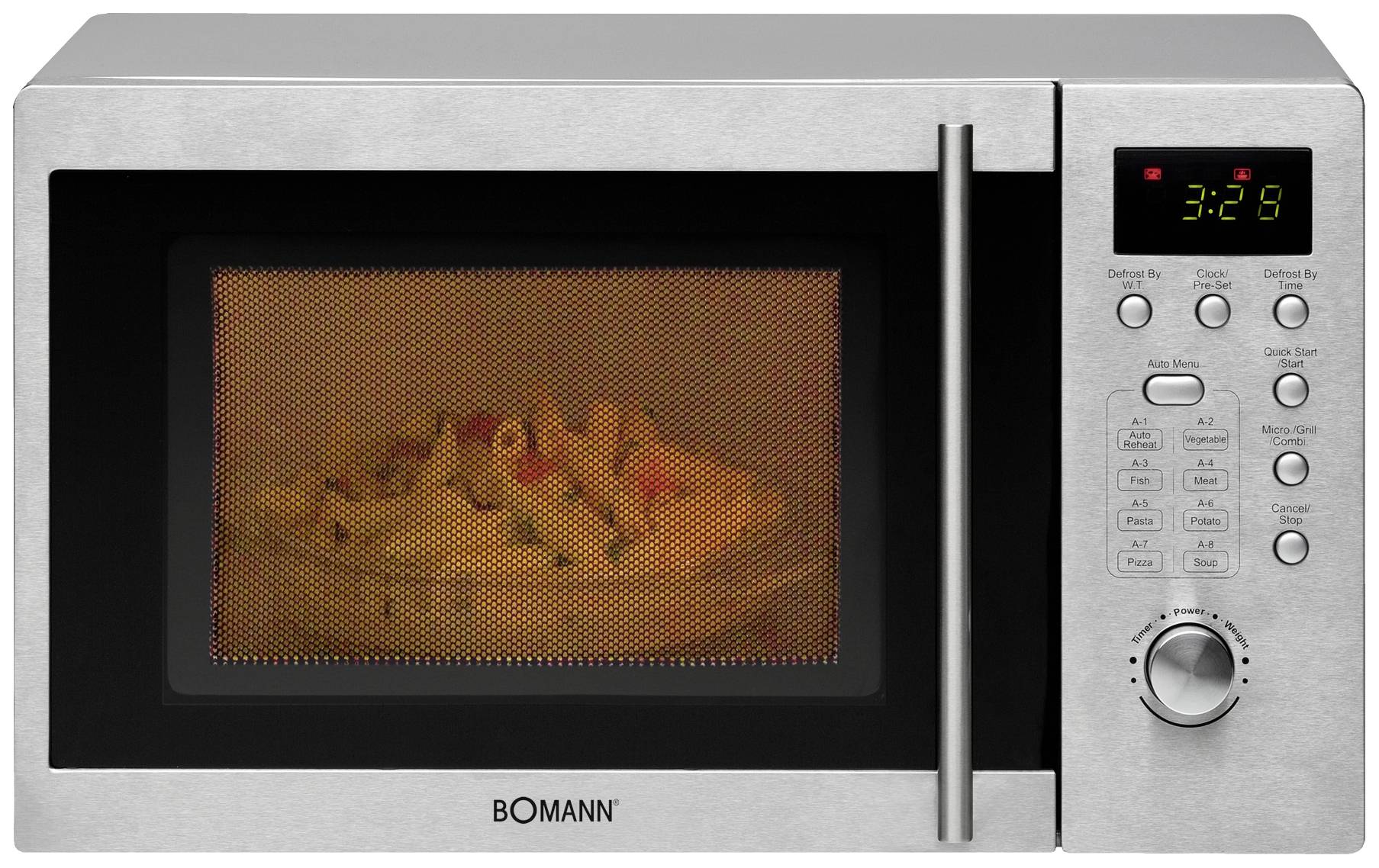 Mikrowelle aus Edelstahl mit digitalem Display, zeigt 3:28 Minuten an. Innen: eine Schüssel mit Pasta und Tomaten.