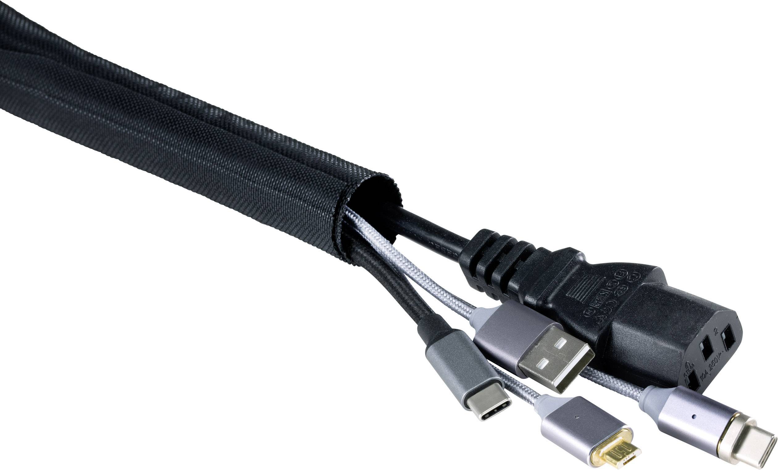 Vier verschiedene Kabeltypen in einem schwarzen Kabelmanagement-Ärmel: USB-C, Micro-USB, Mini-USB und IEC-Anschluss.