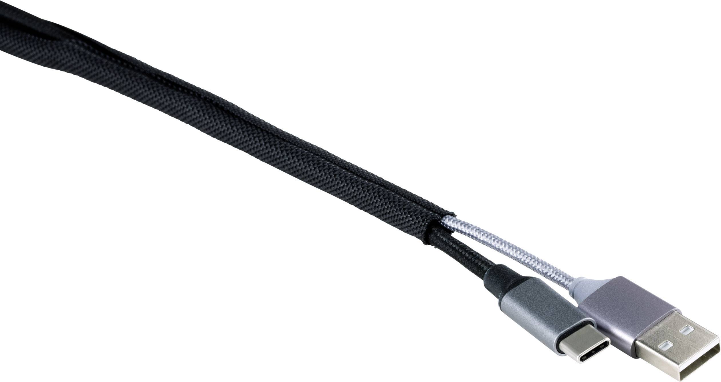 Ein USB-Kabel mit zwei Steckern: USB-A und USB-C. Der USB-A-Stecker ist silbern, der USB-C-Stecker schwarz, verbunden durch ein geflochtenes Kabel.