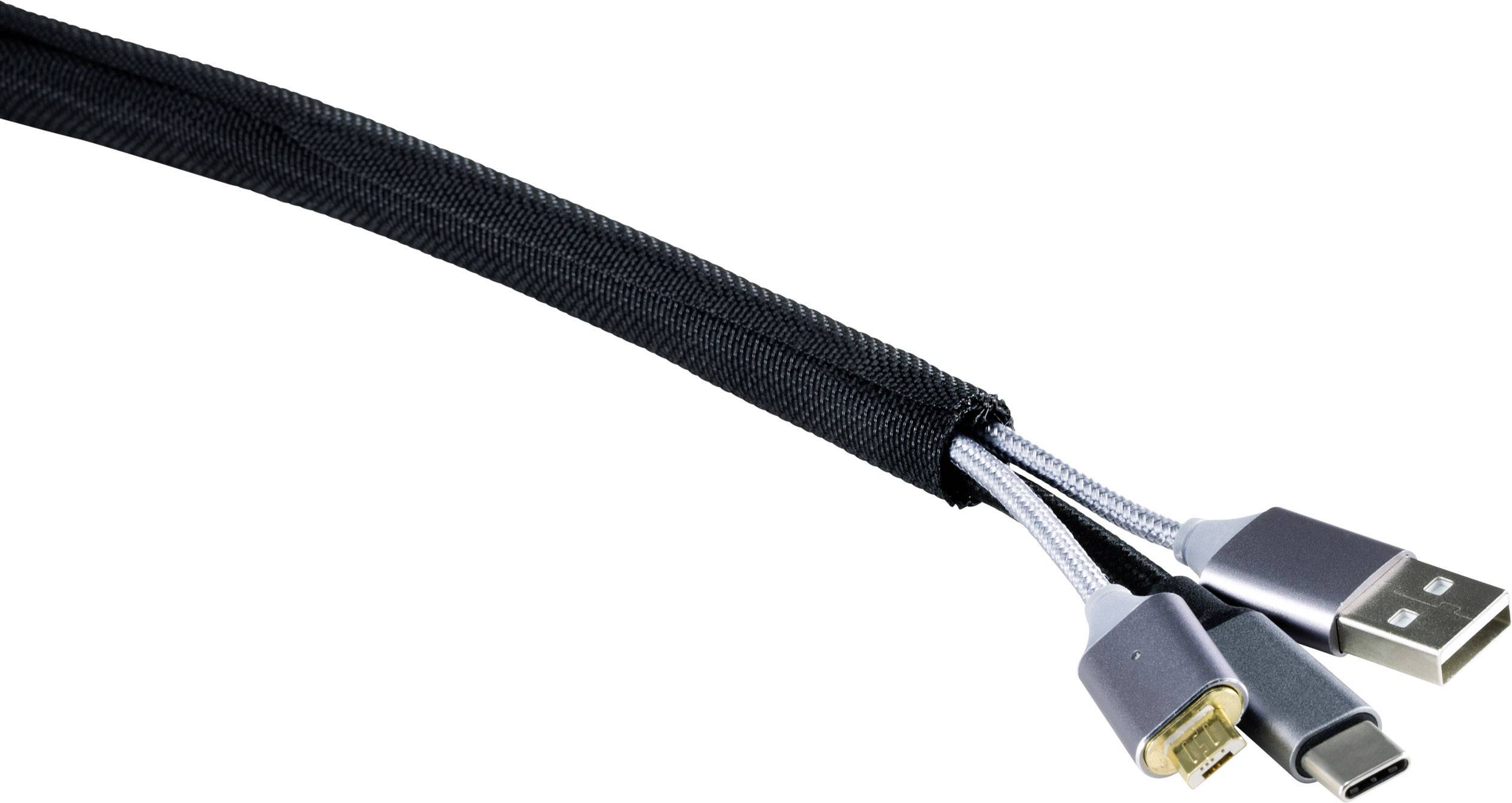 Drei schwarze Kabel mit unterschiedlichen Anschlüssen: USB, Lightning und USB-C, zusammen in einem schwarzen Kabelschutz.