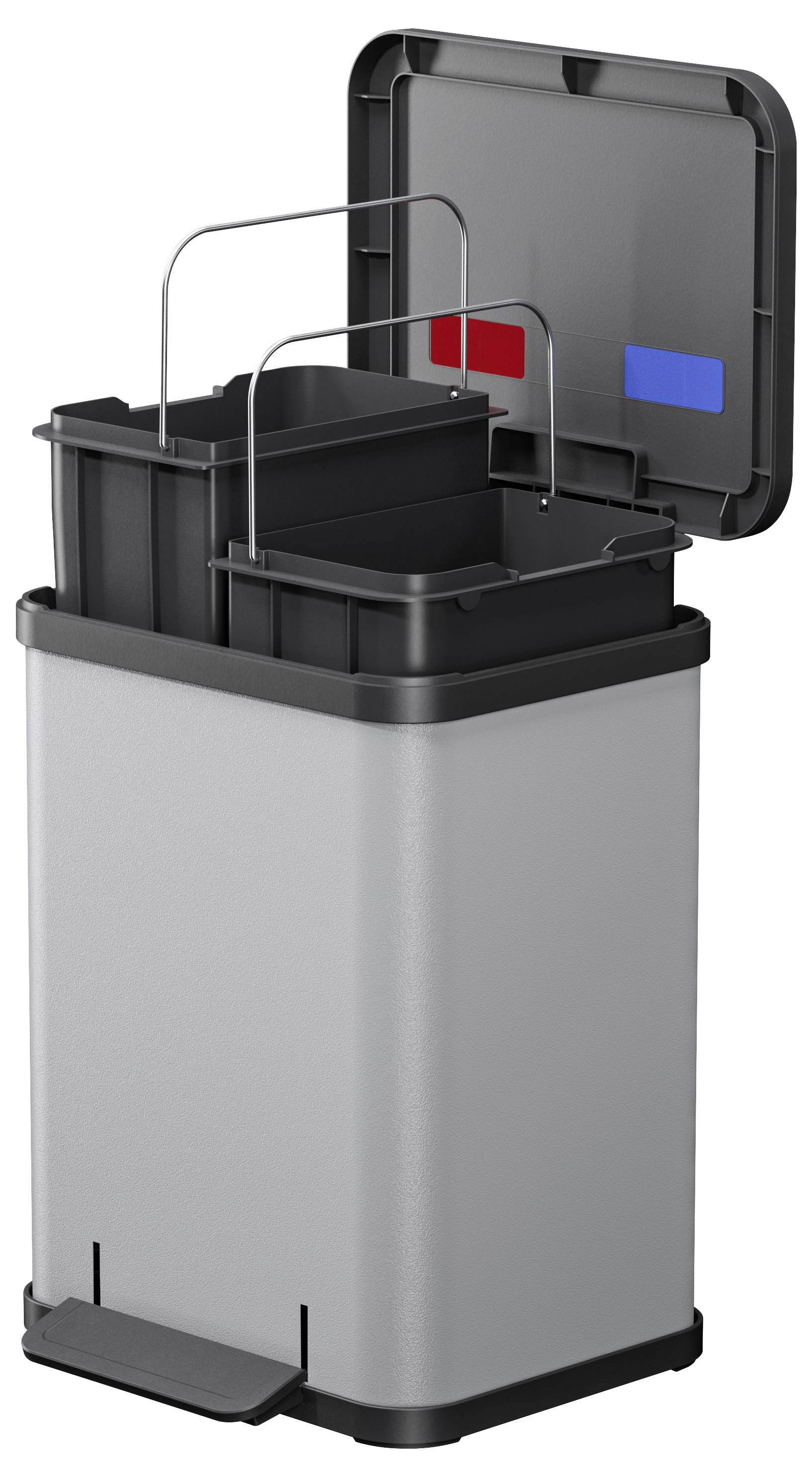 Silberner Mülleimer mit zwei herausnehmbaren schwarzen Behältern, die jeweils an roten und blauen Griffen hängen.