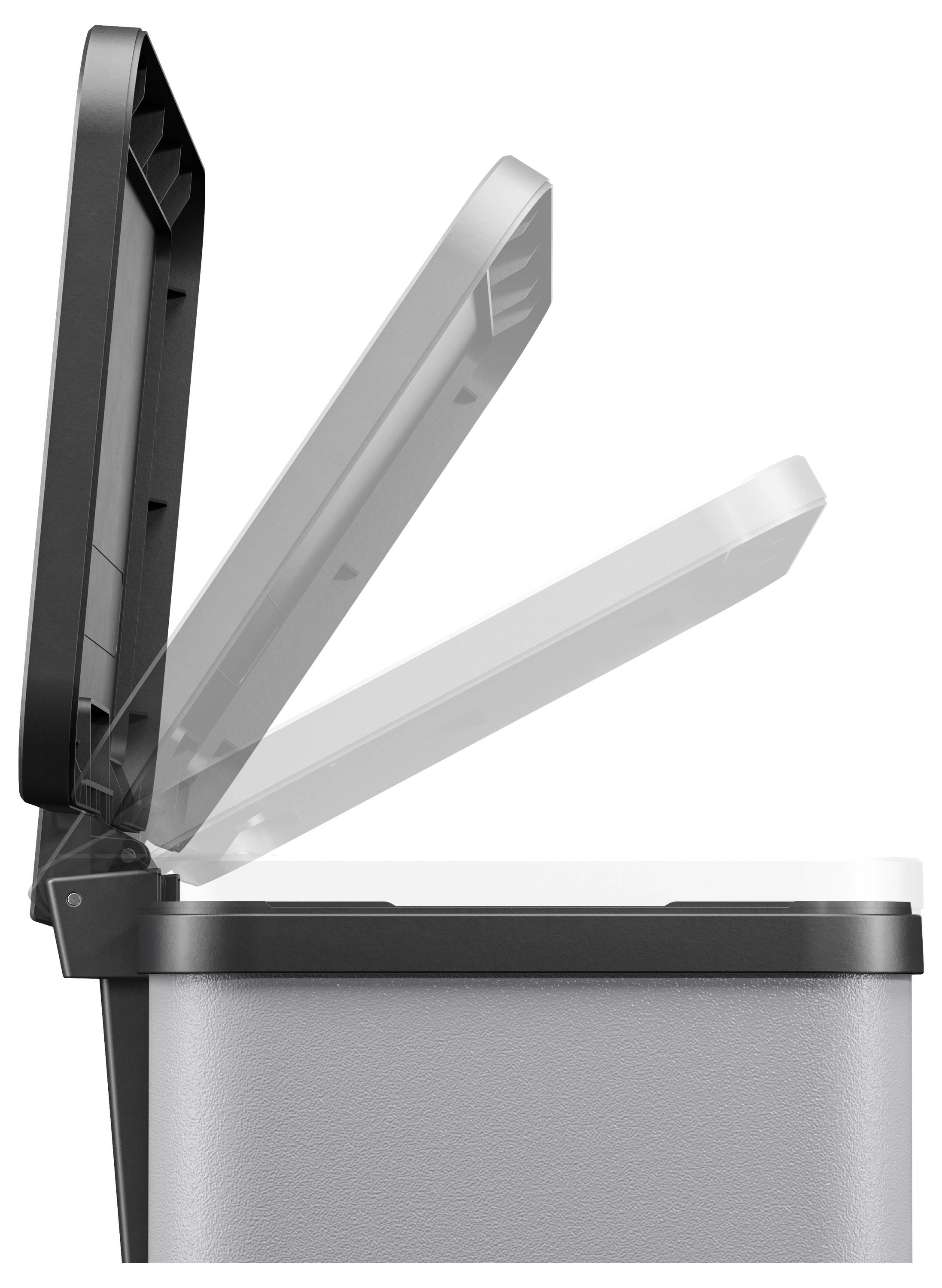 Ein grauer Mülleimer mit einem geöffneten Deckel, der verschiedene Öffnungsstufen zeigt. Der Fokus liegt auf der Bewegung des Deckels.