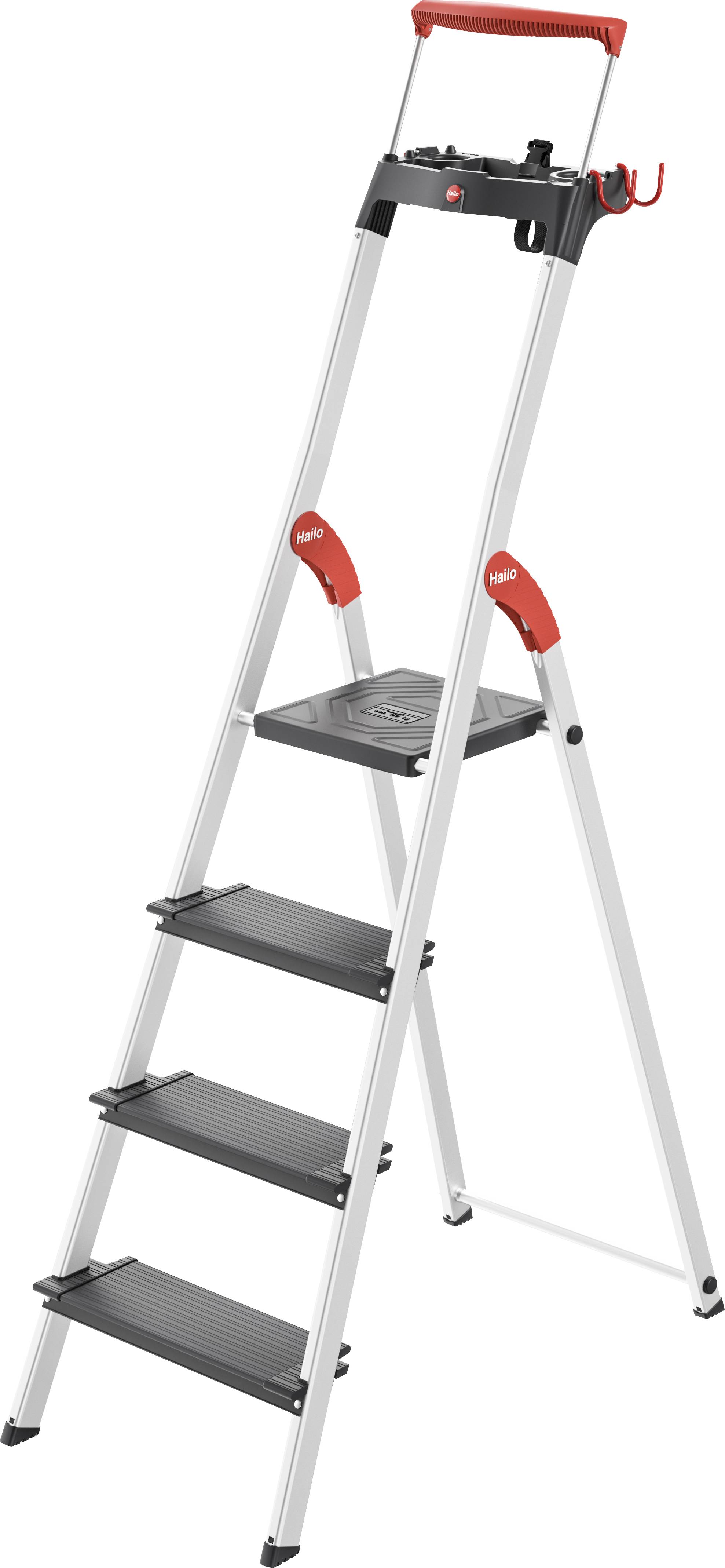 Eine vierstufige Leiter mit roten Griffen und Halterungen, ideal für den Haushalt. Sie ist stabil und hat eine schwarze Plattform oben.