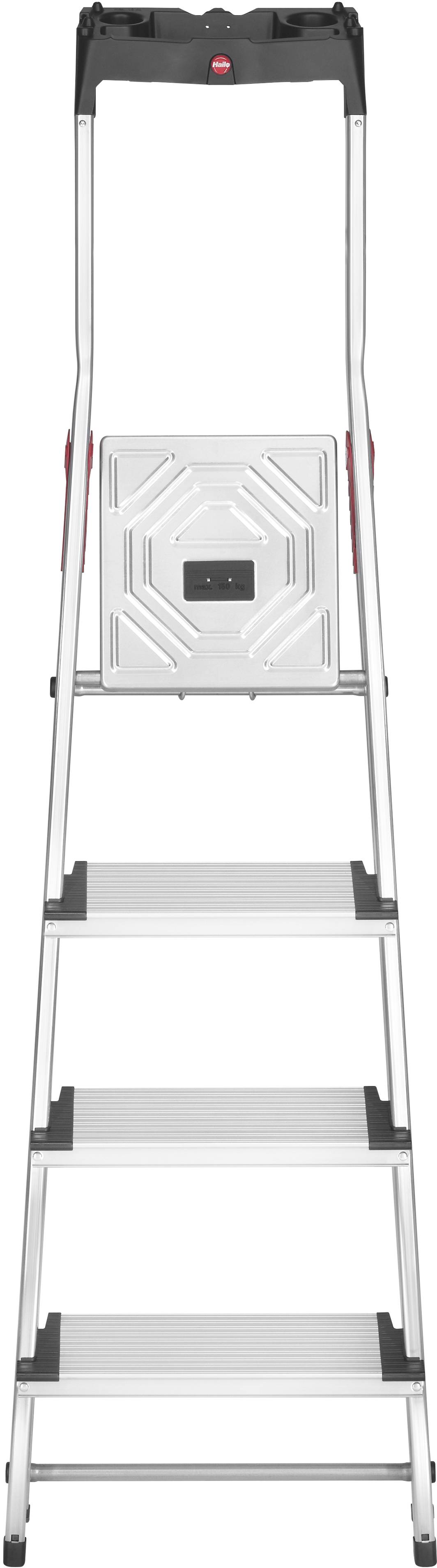 Klappbare Aluleiter mit vier Stufen, schwarz-rot verziert, zusammengeklappt zu sehen. Ideal für Haushalts- oder Büroarbeiten.