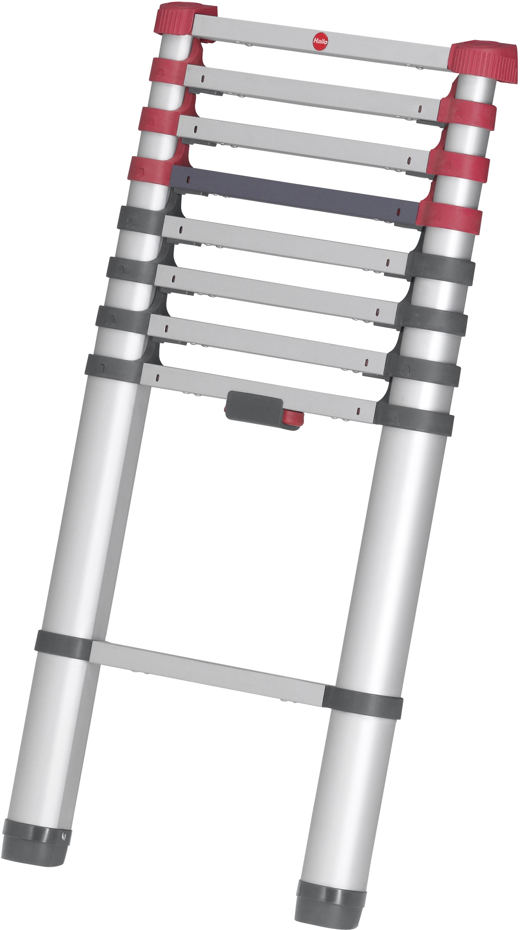 Eine zusammenklappbare Teleskopleiter aus Aluminium mit roten und schwarzen Akzenten, ausgefahren und einsatzbereit.