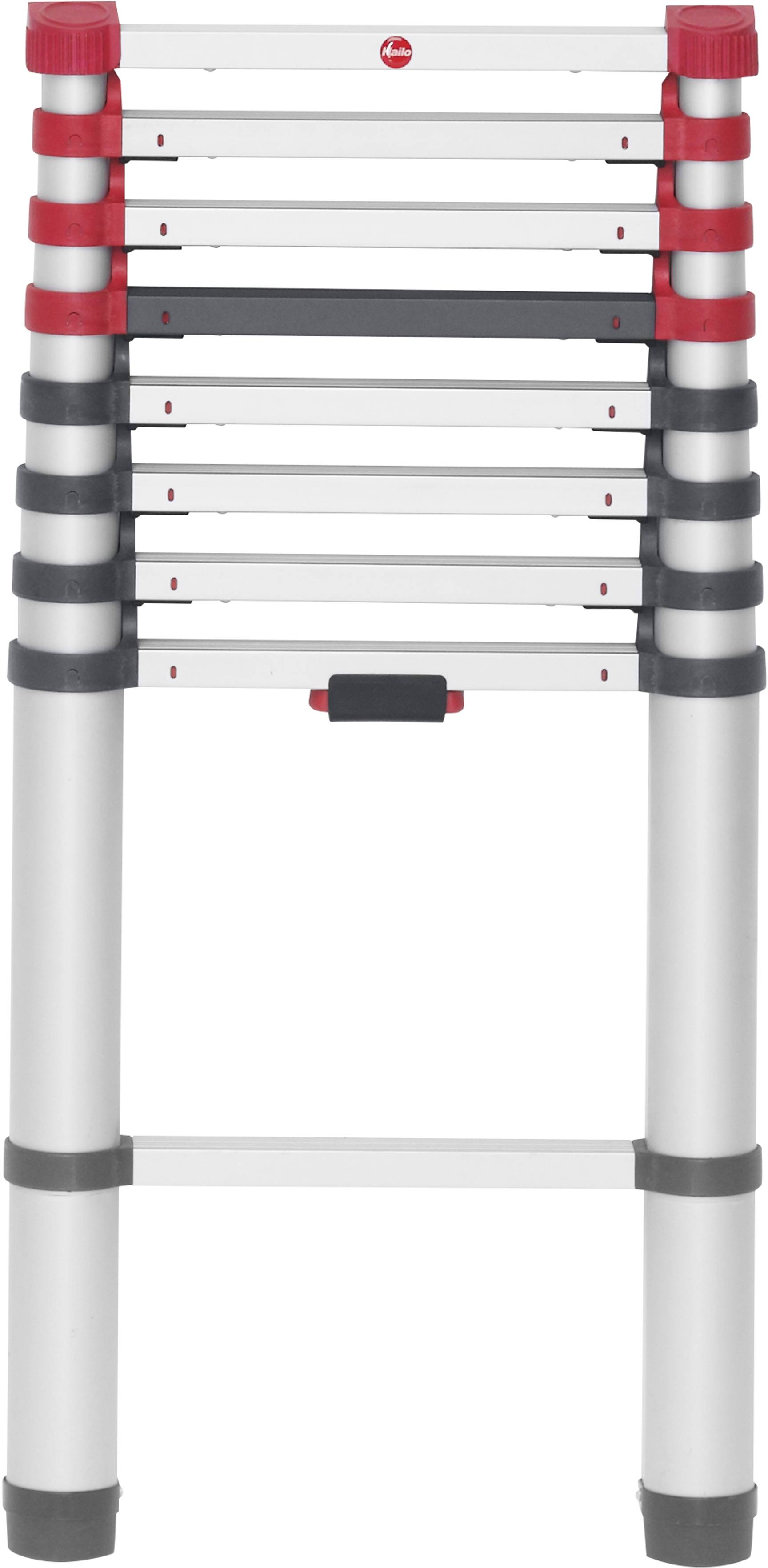 Eine kompakte, ausziehbare Aluminiumleiter mit roten Sicherheitsmarkierungen und schwarzen Details. Zusammengeklappt, ideal für Transport.