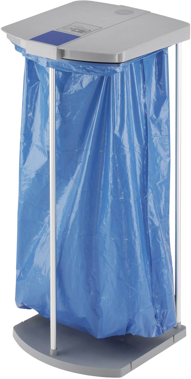 Ein Abfalleimer mit einem blauen Müllbeutel, freistehend mit einem grauen Deckel und Metallstützen für den Beutel.