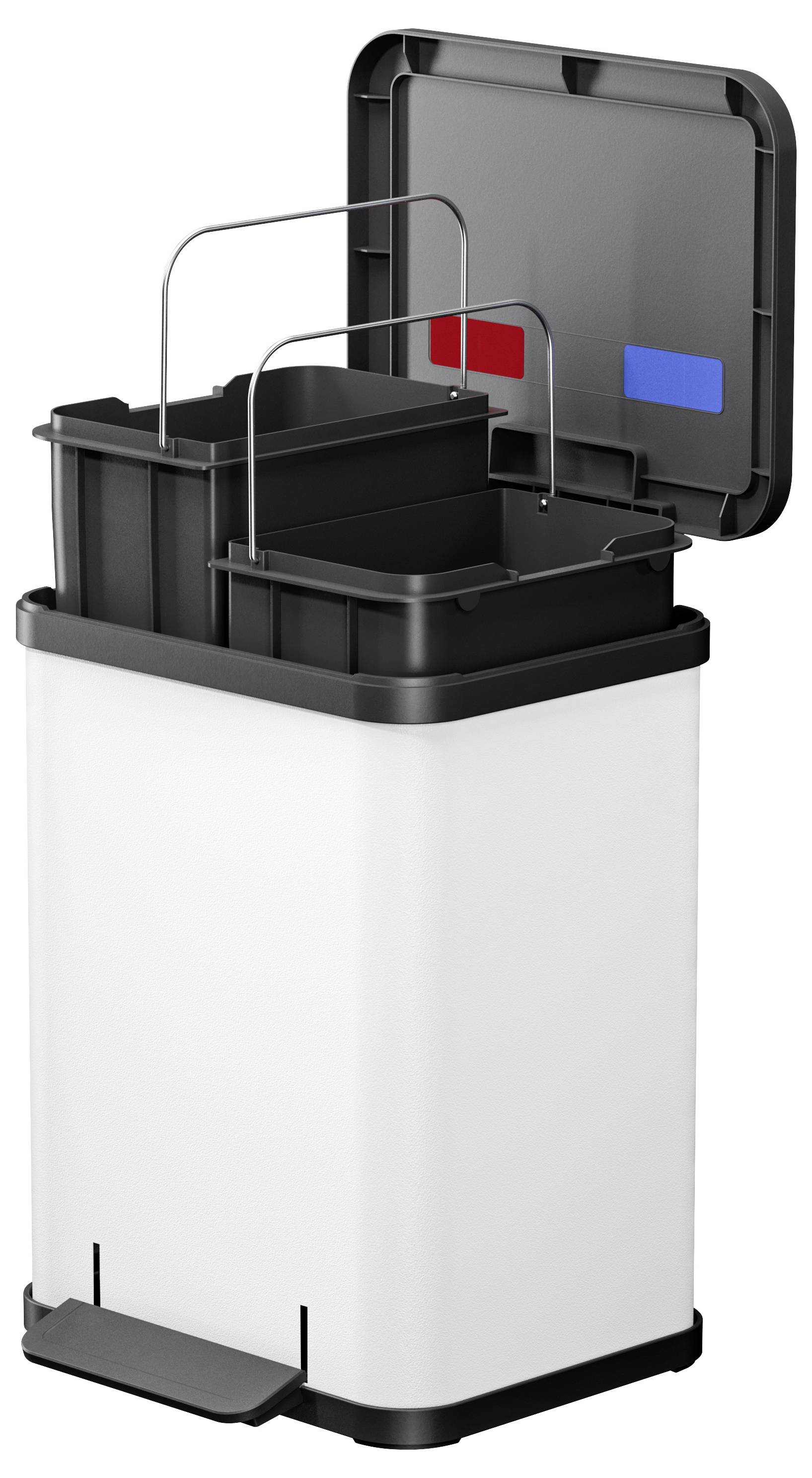 Mülleimer mit zwei Fächern für Abfalltrennung; eines rot markiert für Restmüll, das andere blau für Recycling. Deckel geöffnet.