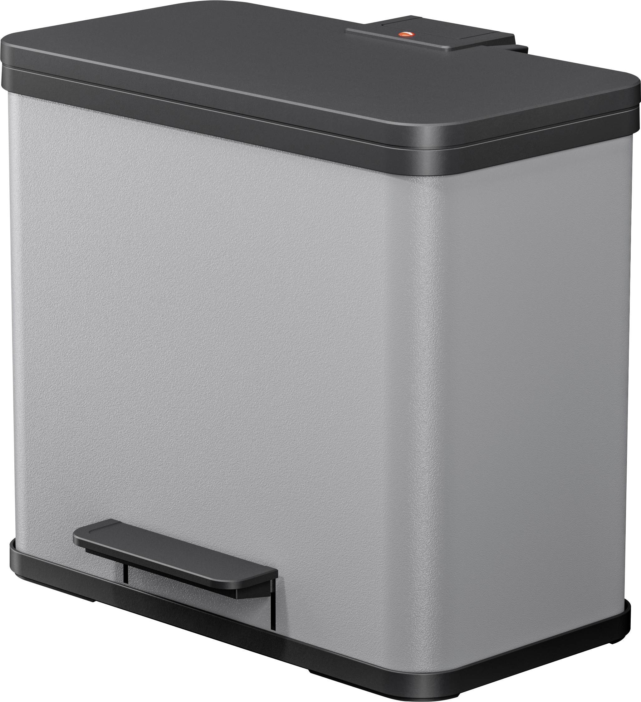 Ein grauer Mülleimer mit schwarzem Deckel und Pedal, geeignet für den Innenbereich.