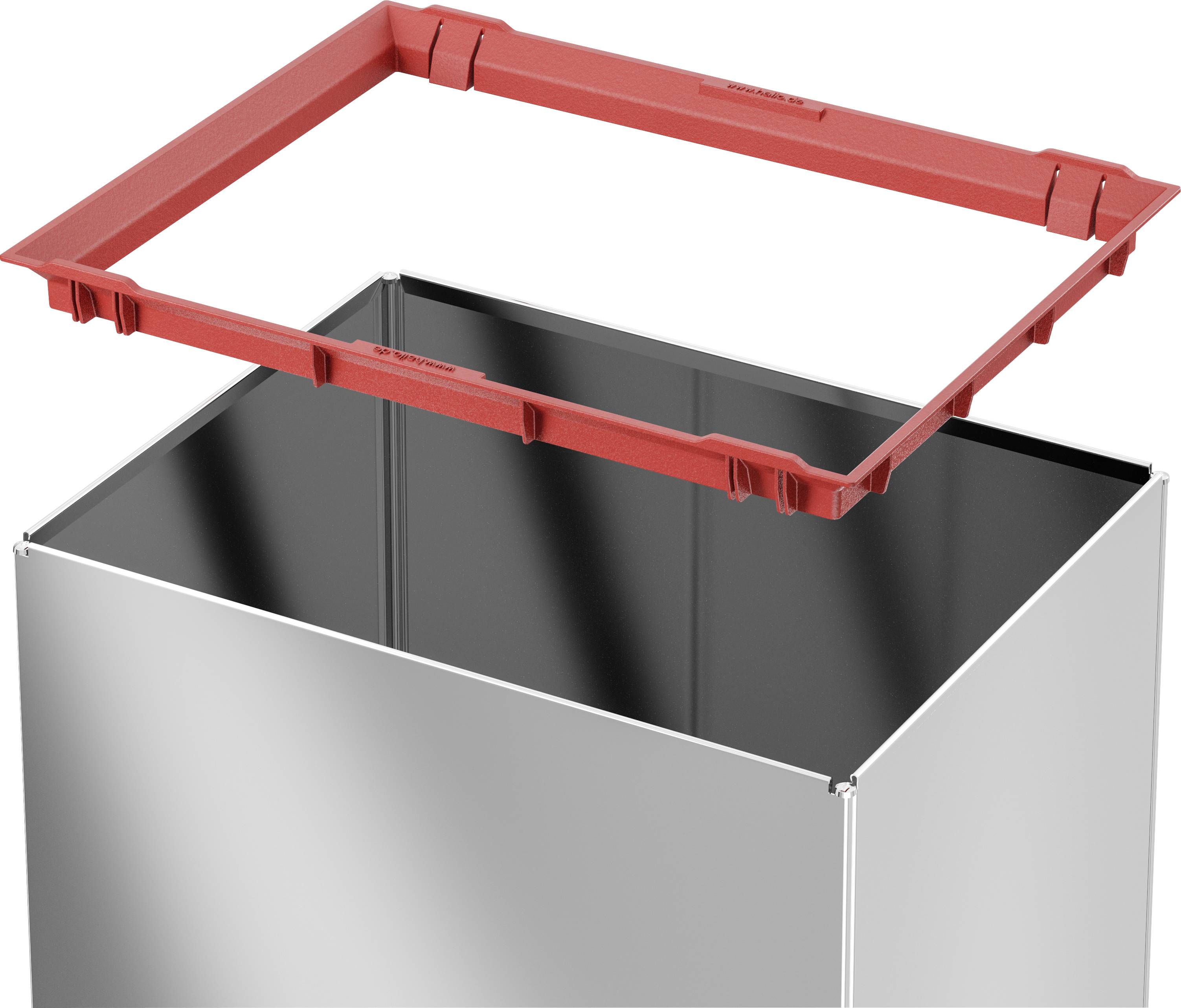 Metallbehälter mit rotem Plastikrahmen am oberen Rand, keine sichtbare Nutzung, möglicherweise Bestandteil eines größeren Systems.