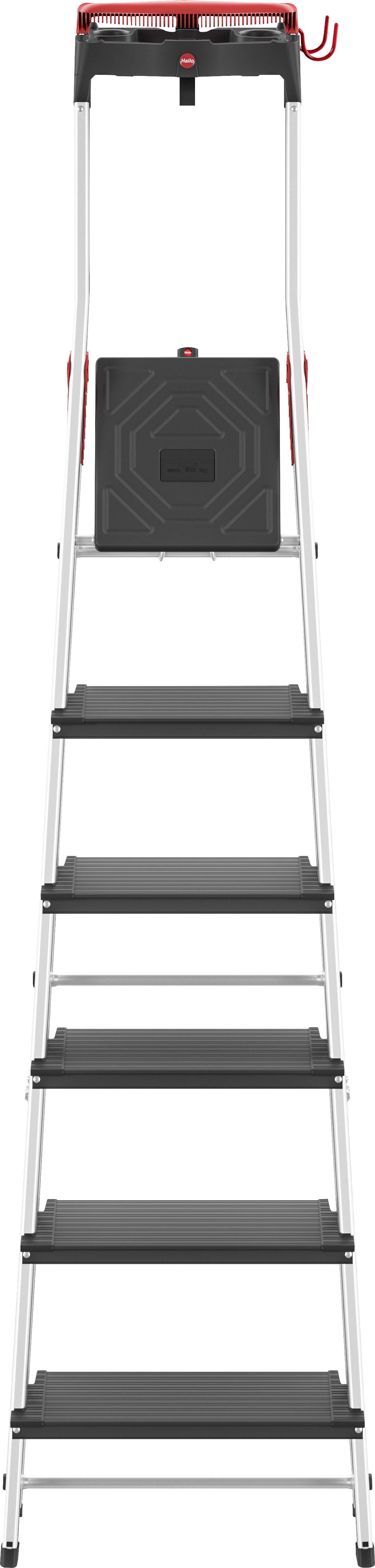 Eine klappbare Aluminiumleiter mit fünf schwarzen Stufen und einem roten Griff, ideal für Arbeiten in unterschiedlichen Höhen.