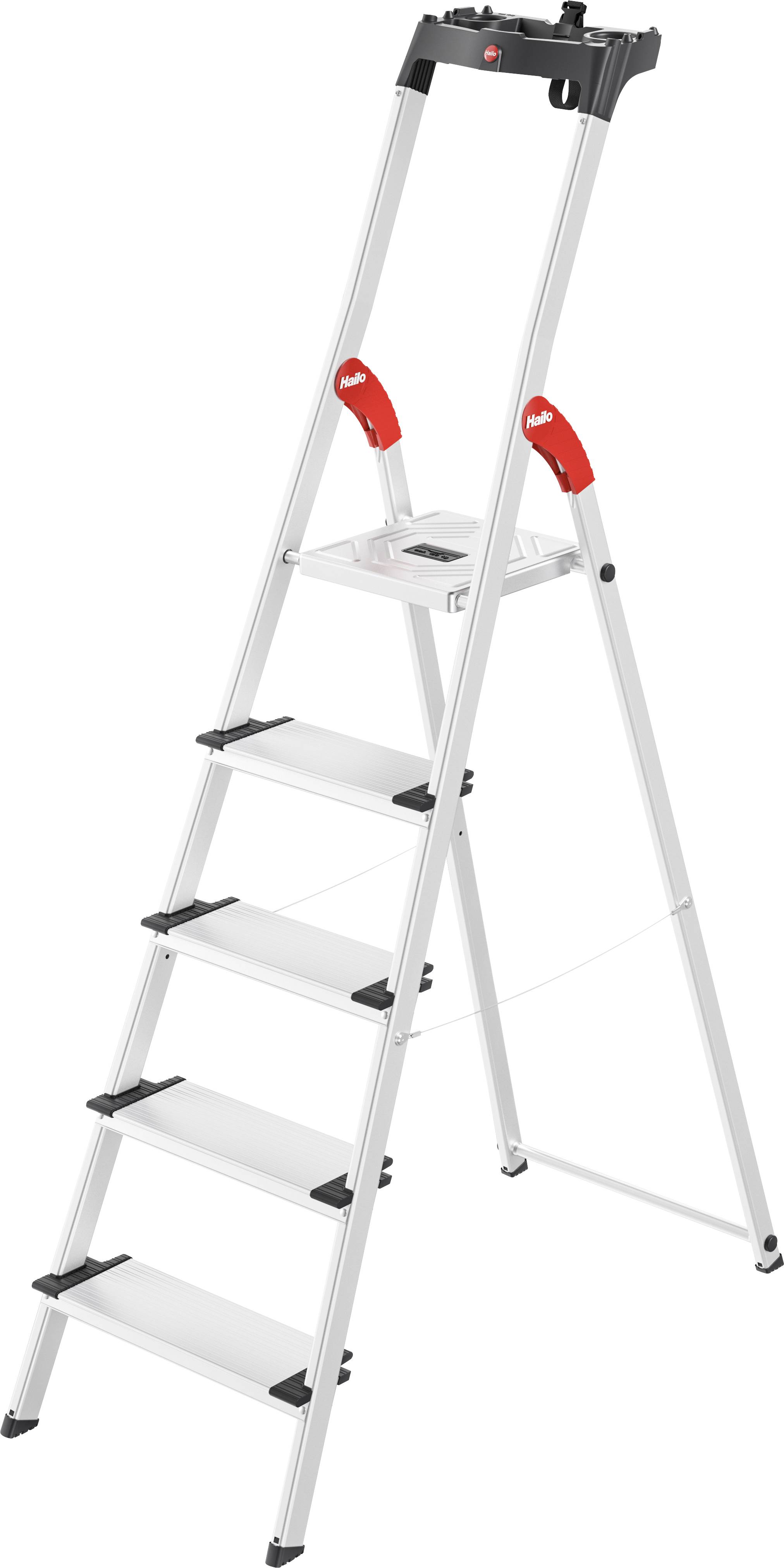 Eine fünfstufige Aluminiumsicherheitsleiter mit roten Griffen und breiten Stufen, geeignet für Indoor-Wartungsarbeiten.