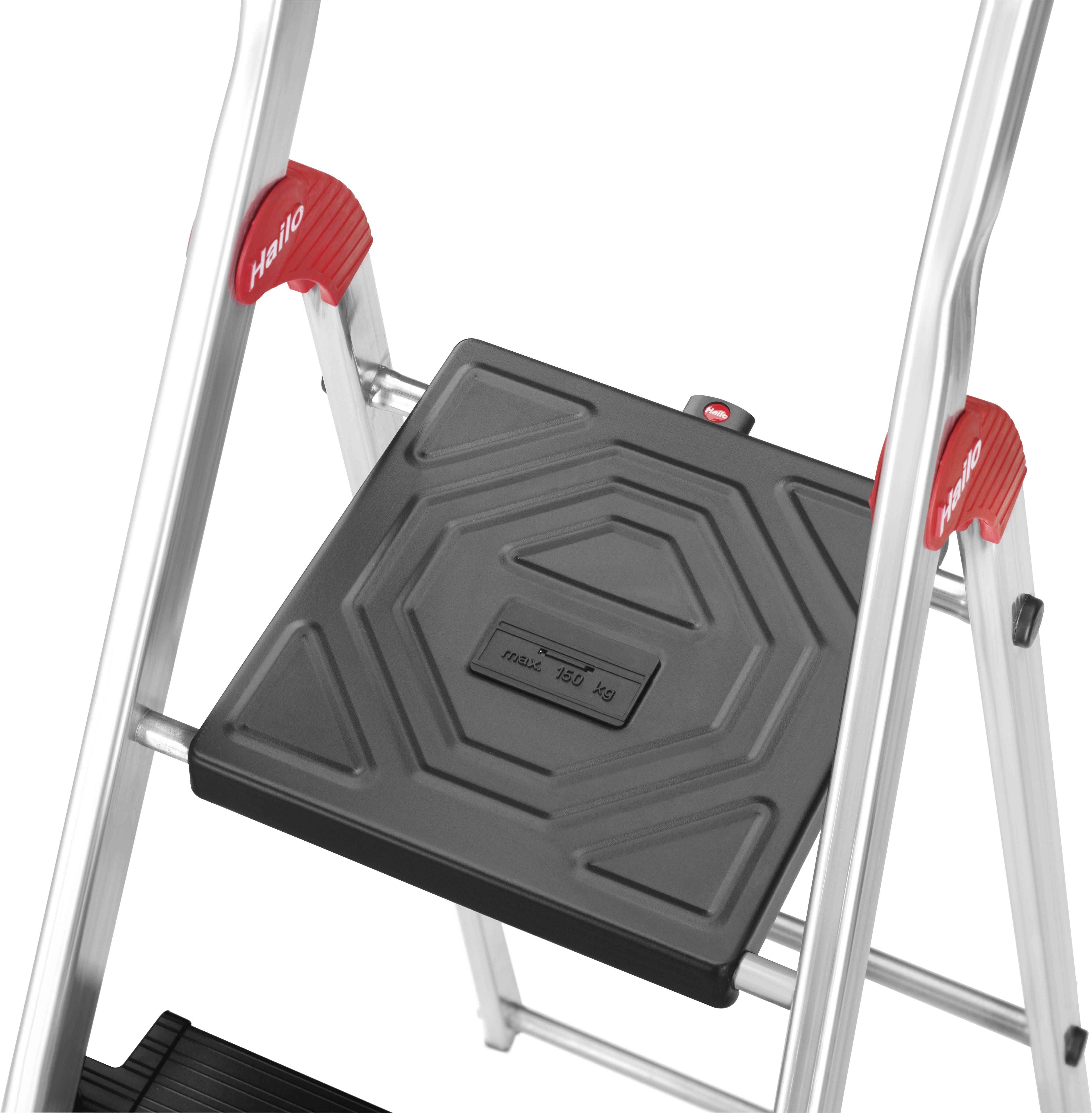 Silberne Trittleiter mit schwarzer Plattform, rotem Sicherheitsgriff und Maximalgewicht von 150 kg.