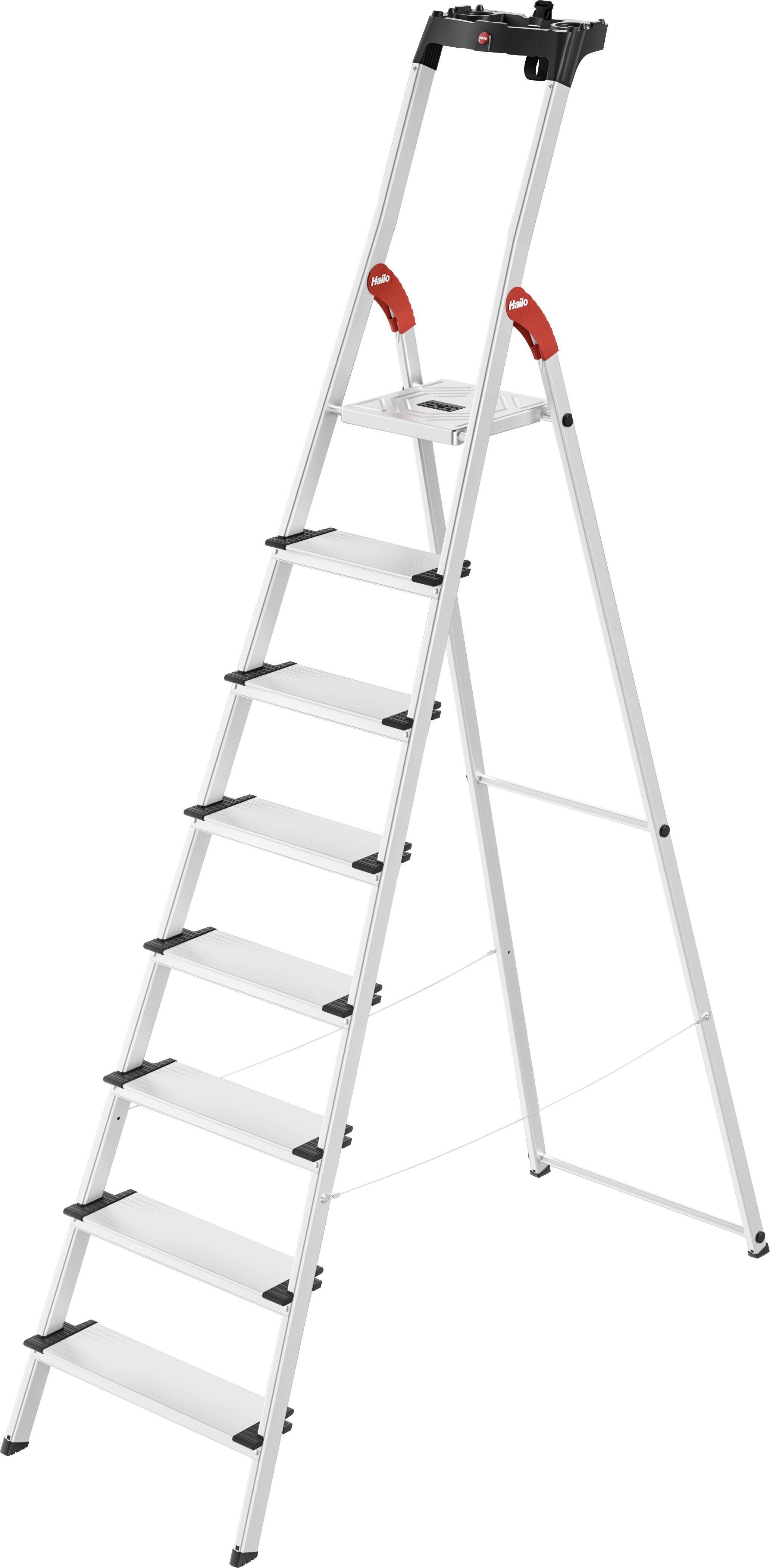 Eine silberne, klappbare Leiter mit roten Handgriffen und acht Stufen steht offen. Sie ist für Heimwerker- und Haushaltsarbeiten geeignet.