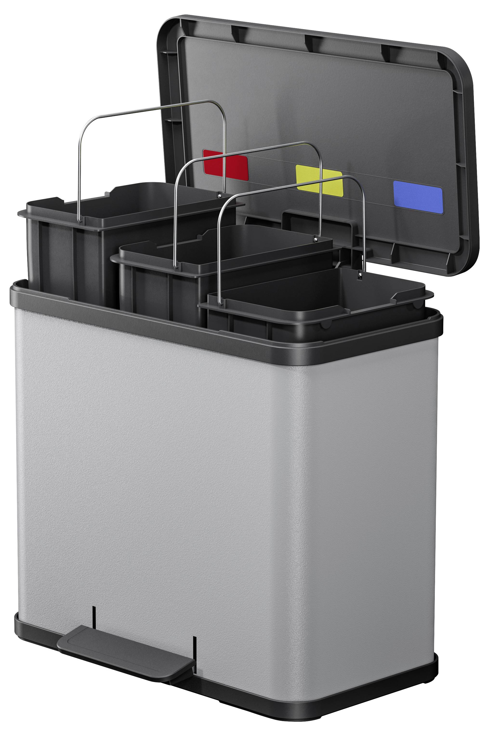 Mülleimer mit drei getrennten Fächern, markiert durch bunte Aufkleber in Rot, Gelb und Blau, mit Pedalöffnungssystem.