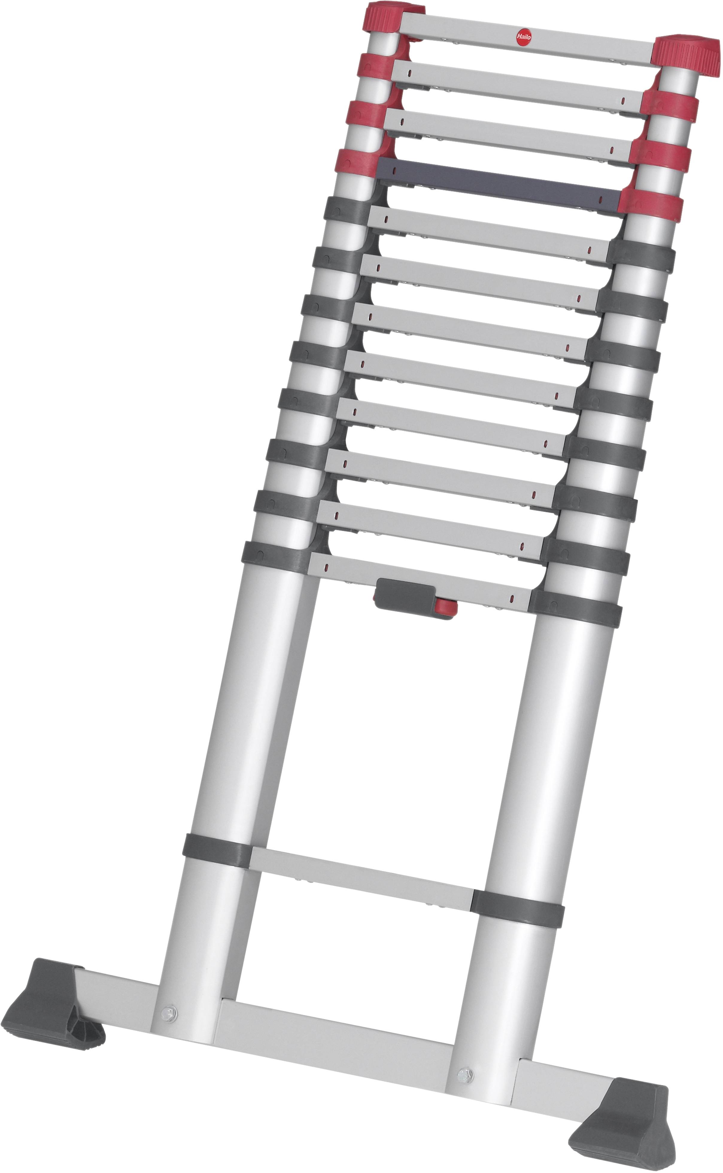 Teleskopleiter aus Aluminium, zusammengeschoben. Stabiler Stand, rutschfeste Füße, kompakt für einfachen Transport und Lagerung.