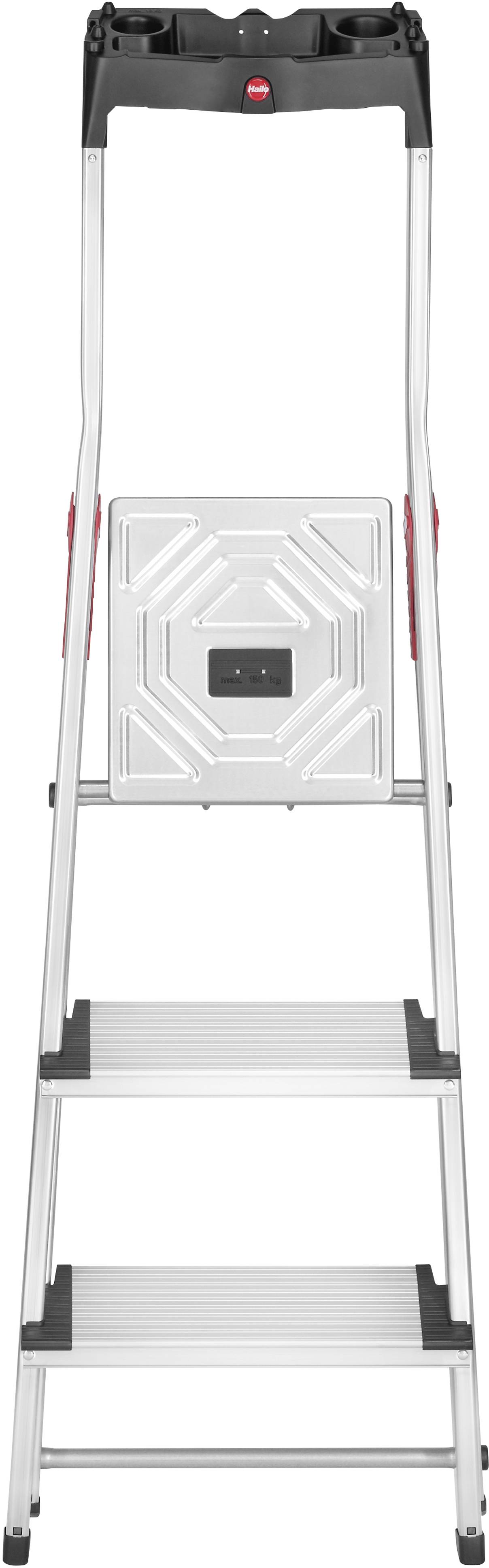 Aluleiter mit drei Stufen und schwarzer Werkzeugablage oben. Geeignet für Heimwerkerarbeiten.