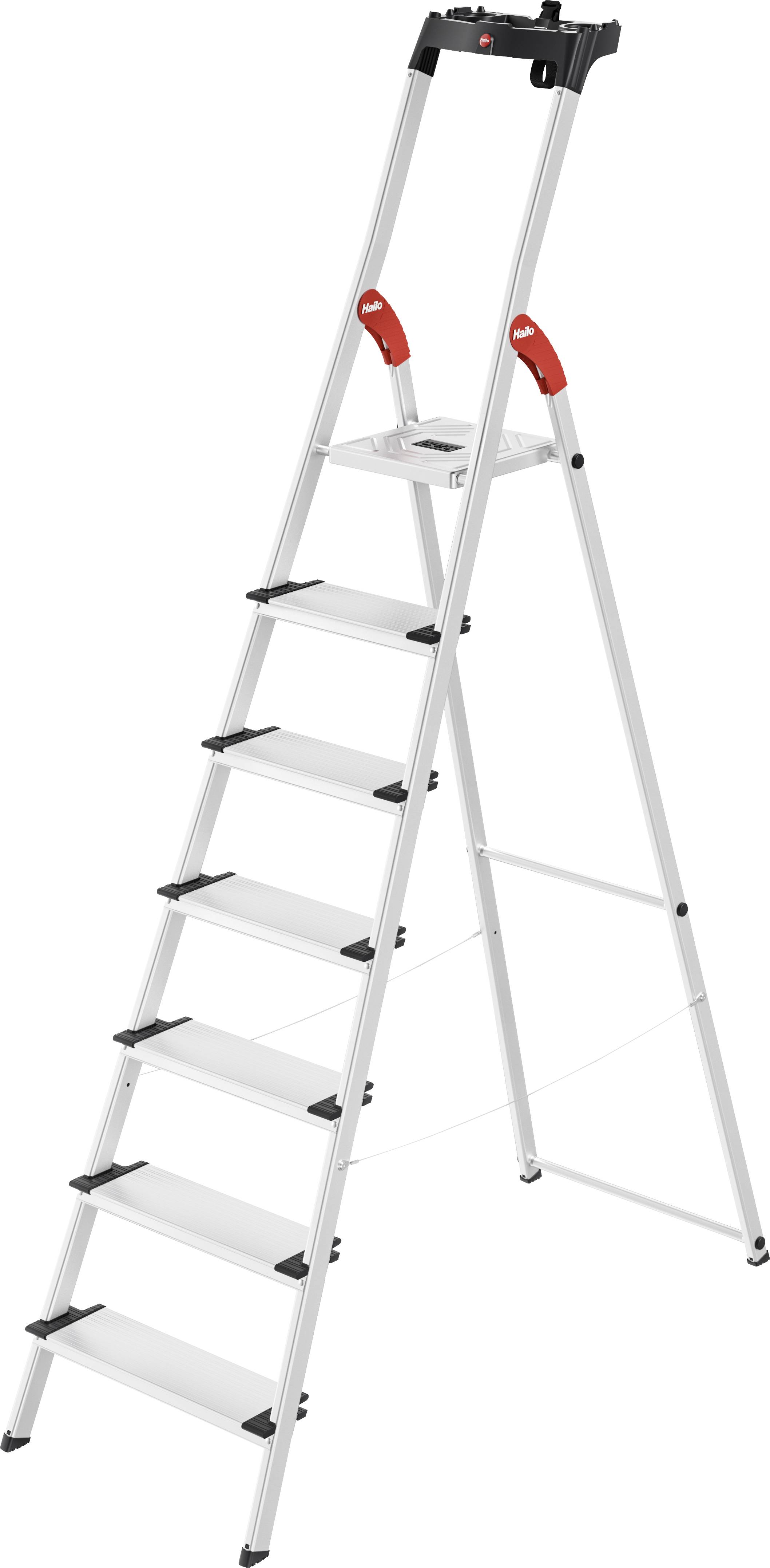 Eine silberne, sechsstufige Trittleiter mit roten Griffen, Stehplattform und rutschfesten Fußkappen. Ideal zum Erreichen hoher Orte.