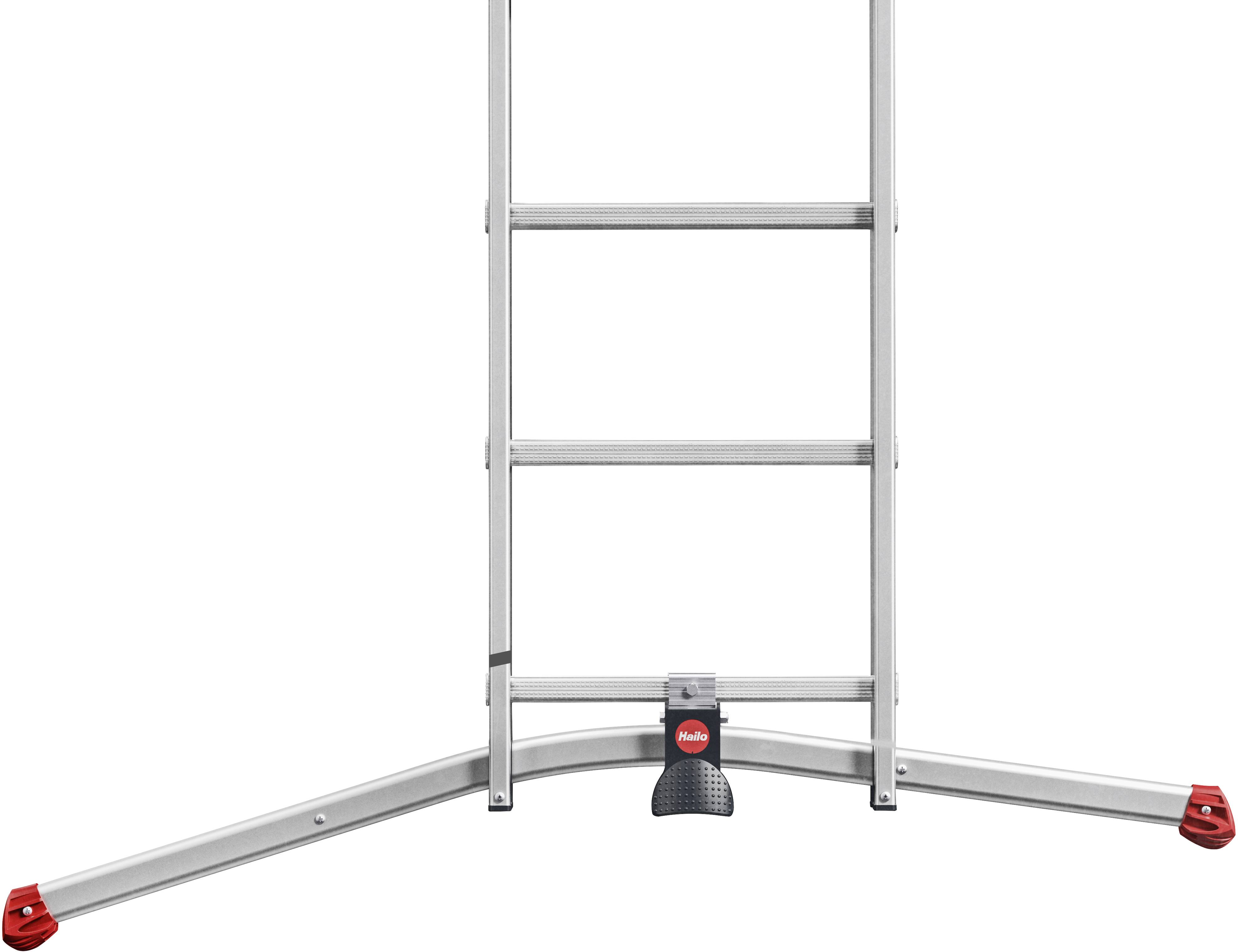 Silberne Aluminiumleiter mit roten Gummifüßen auf ausklappbaren Standfußstützen für erhöhte Stabilität.