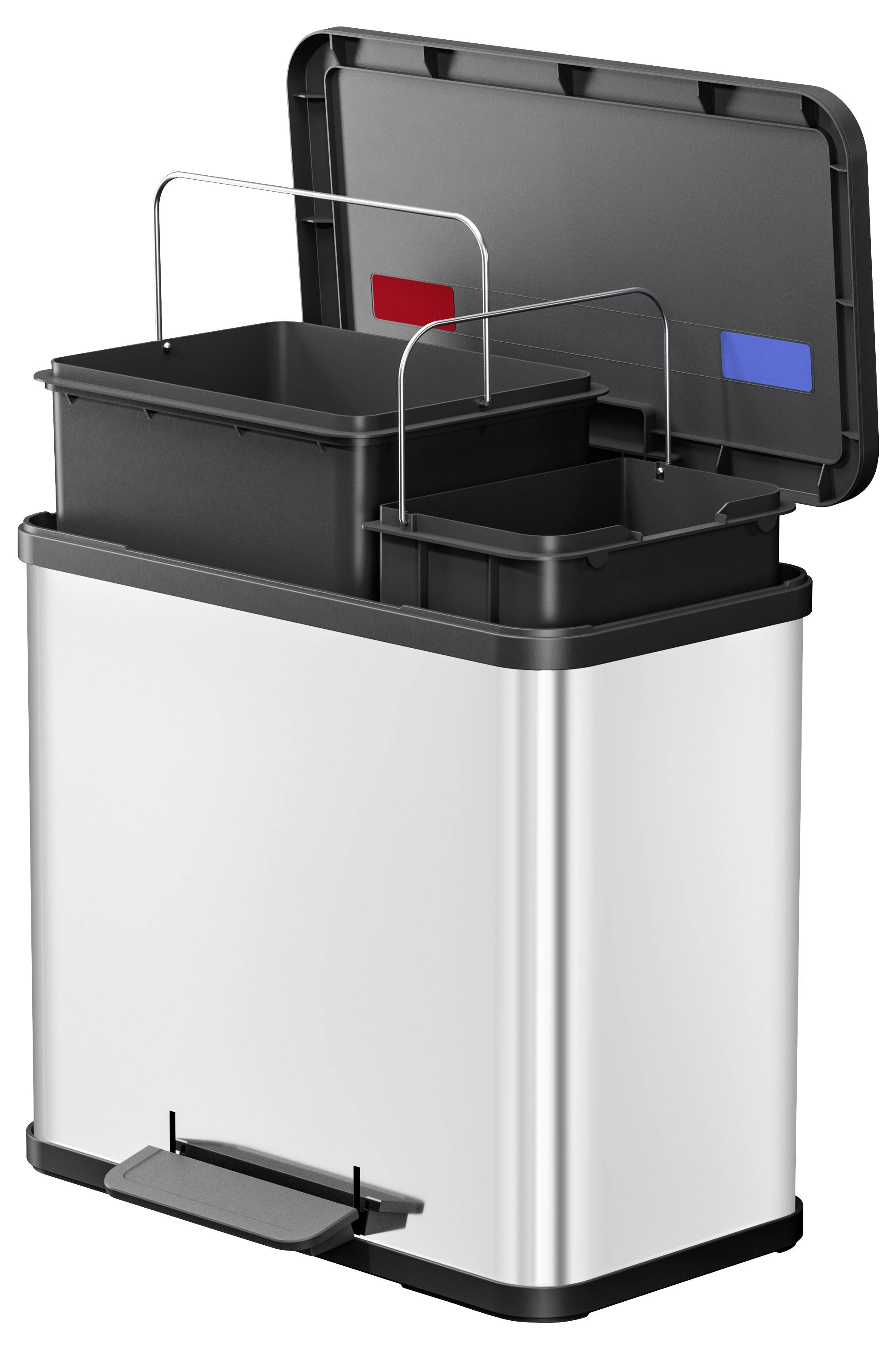 Ein Mülleimer mit zwei getrennten Fächern und einem Pedal zum Öffnen. Jedes Fach ist farblich gekennzeichnet für Recyclingzwecke.