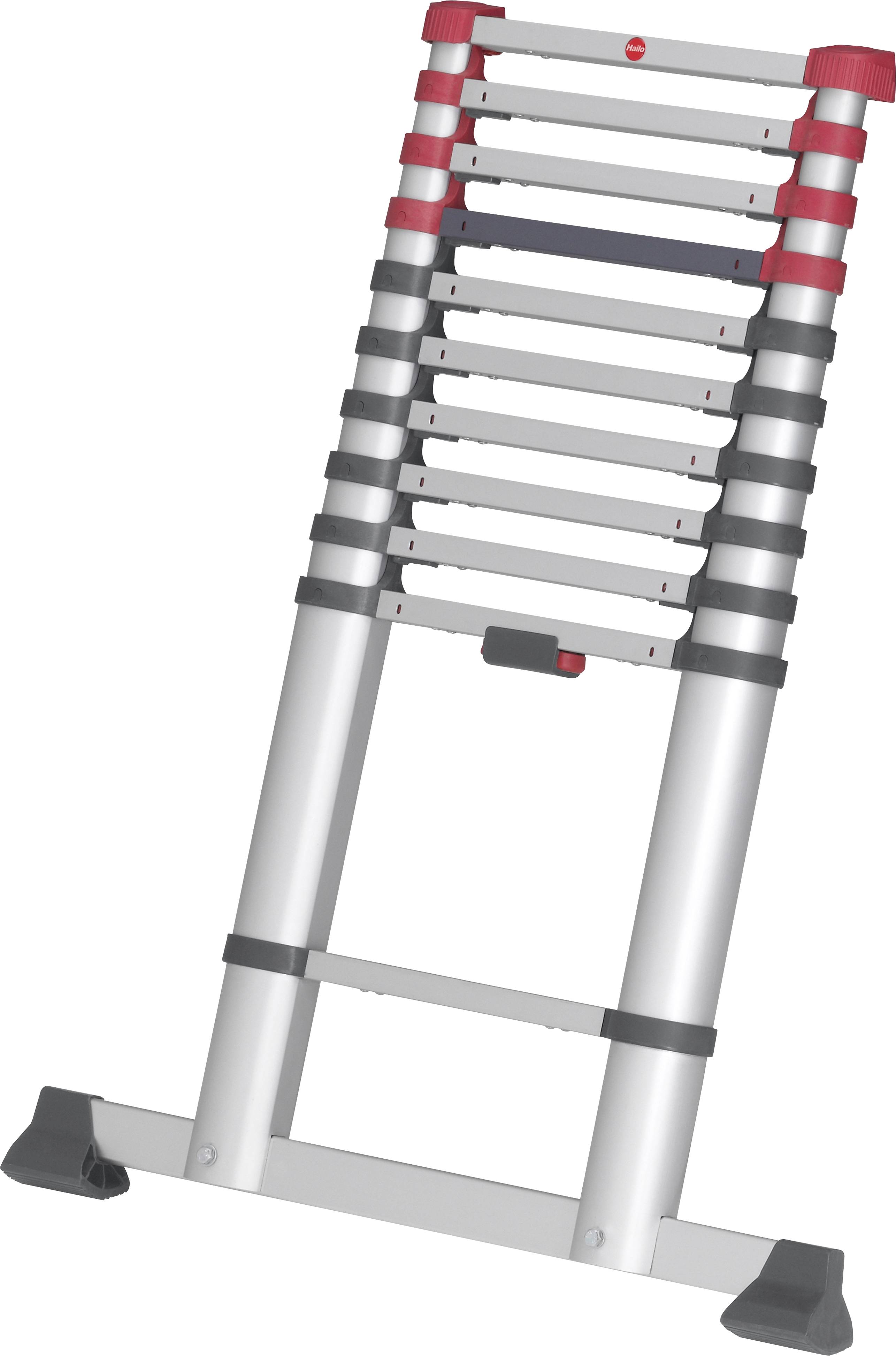 Teleskopleiter mit rotem und grauem Design, vollständig ausgefahren, zeigt Stufen und stabile Basis für sicheren Stand.