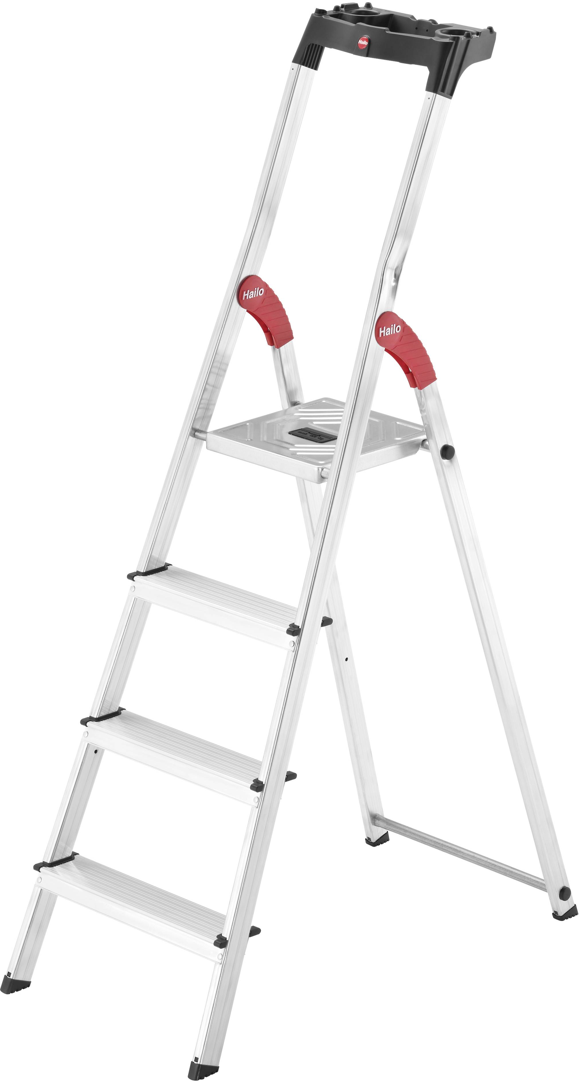 Aluleiter mit fünf Stufen und rotem Griff, zusammengeklappt.