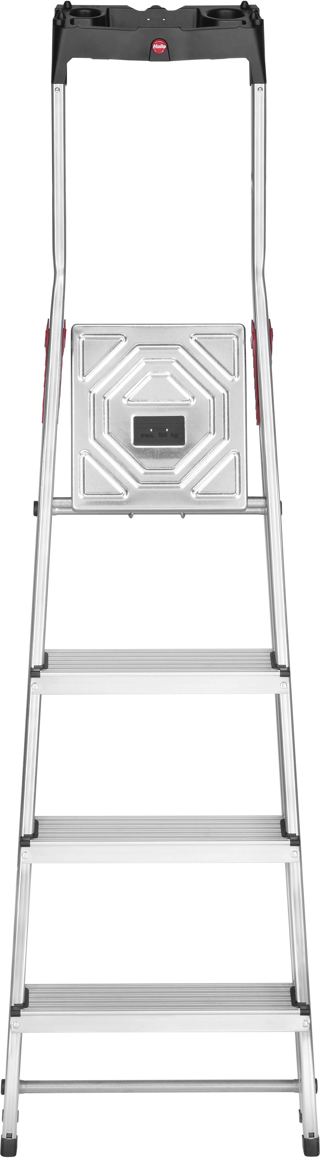 Eine silberne vierstufige Klappleiter mit schwarzem Griff und Sicherheitsplattform, geeignet für den Einsatz im Innenbereich.