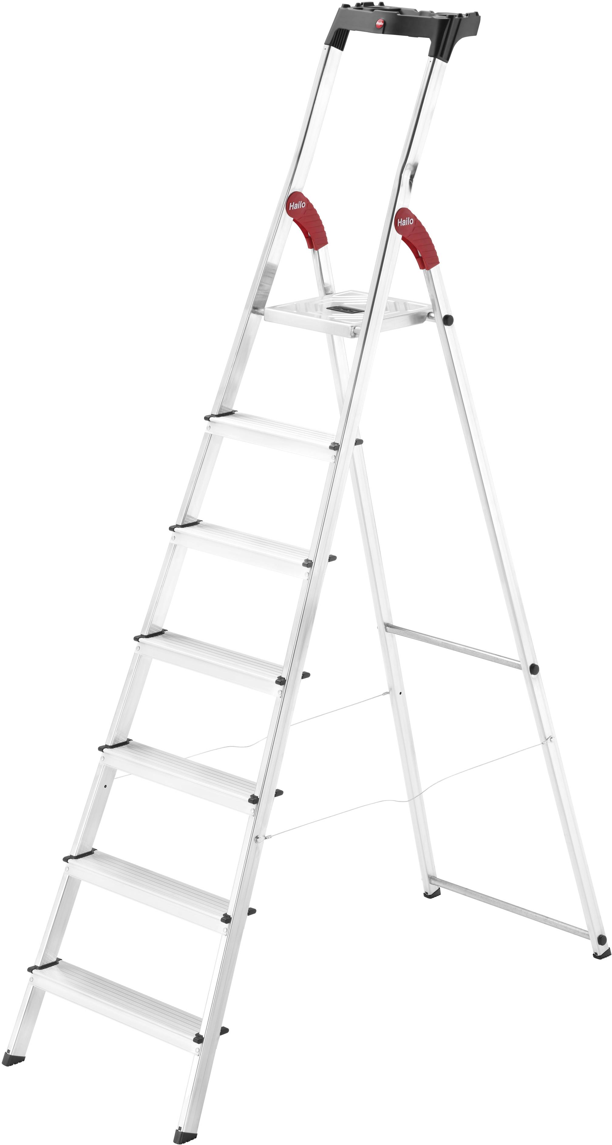 Eine silberne Aluminiumleiter mit sechs Stufen und roten Griffen, die stabil und für den Innenbereich geeignet ist.