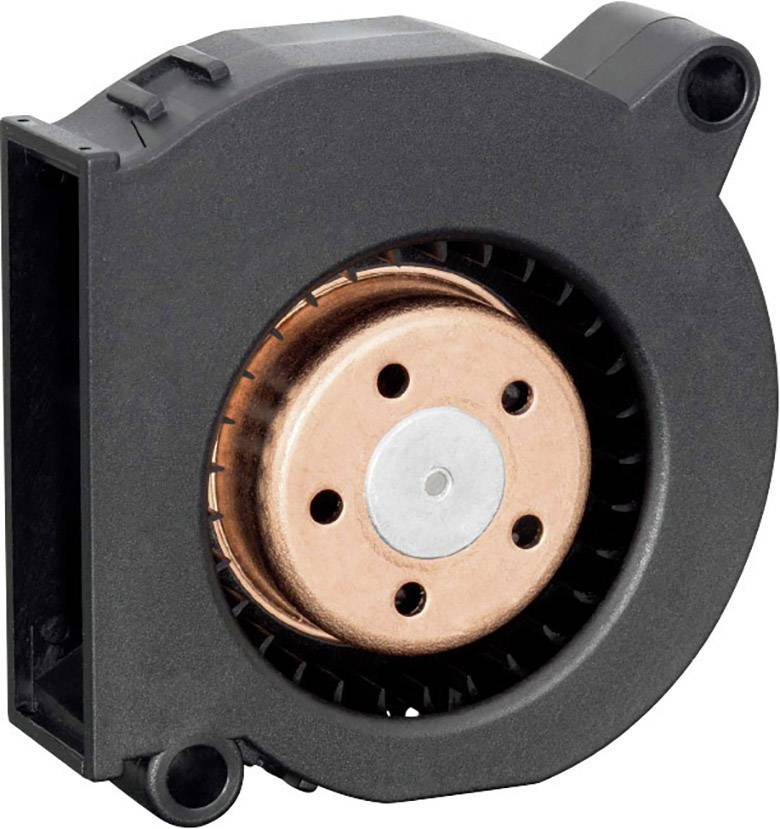 Schwarzer und kupferner Lüfter in einem Gehäuse, wahrscheinlich zur Kühlung elektronischer Geräte verwendet.
