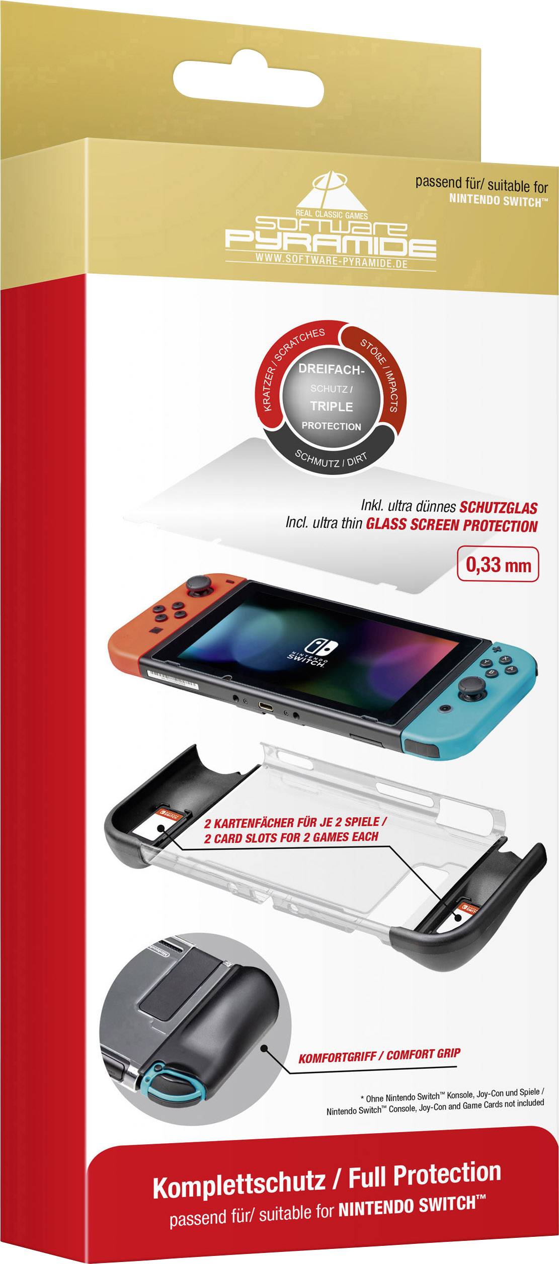 Verpackung einer Schutzglasfolie für Nintendo Switch. Zeigt die Konsole mit installiertem Glasschutz. Text: 'Komplettschutz, passt für Nintendo Switch'.