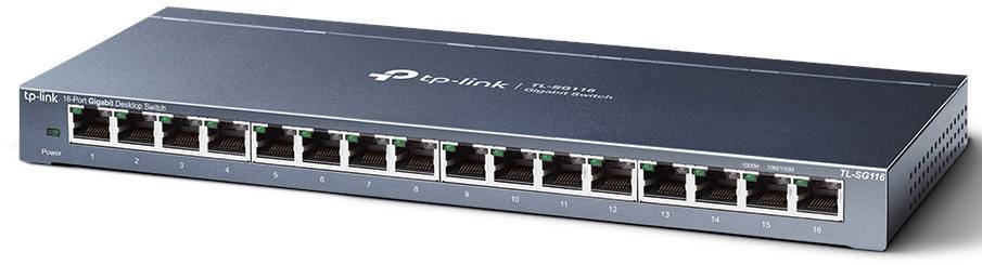 Ein grauer 16-Port-Ethernet-Switch des Herstellers TP-Link, Modell TL-SG1016D, mit LED-Anzeigen zur Netzwerkverwaltung.