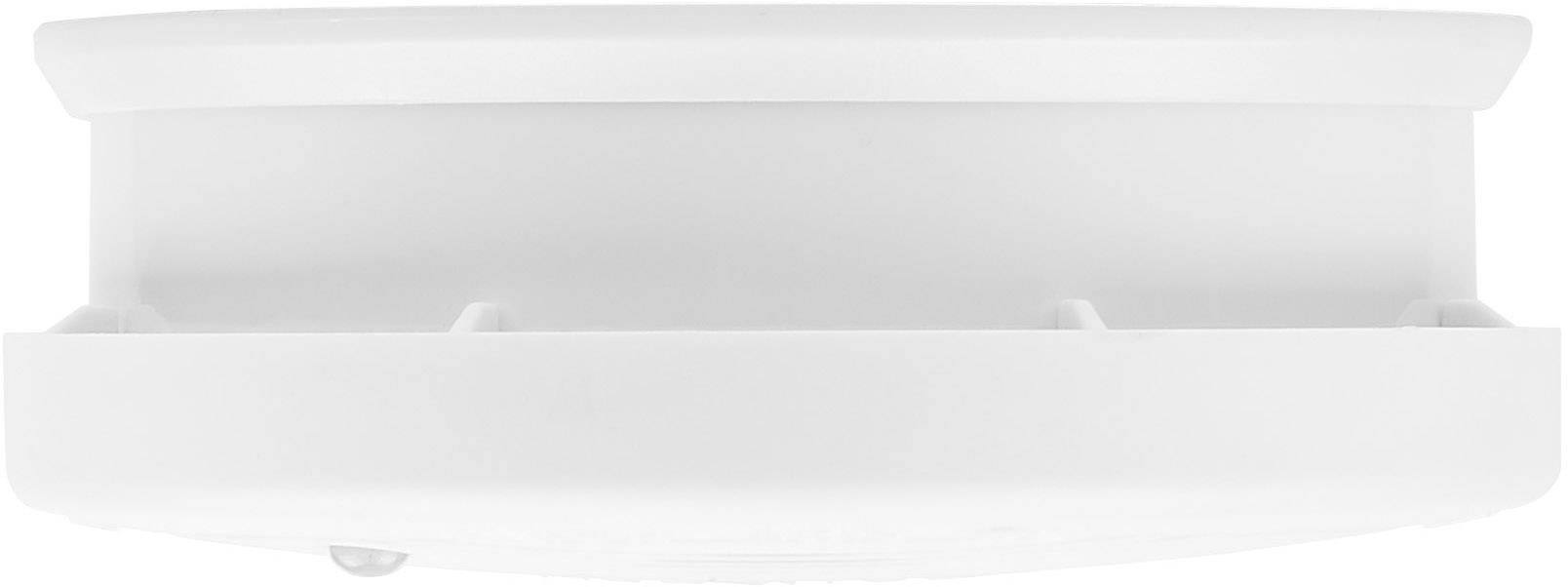 Ein weißer, zylindrischer Rauchmelder mit glatter Oberfläche und minimalistischem Design, von der Seite gezeigt.