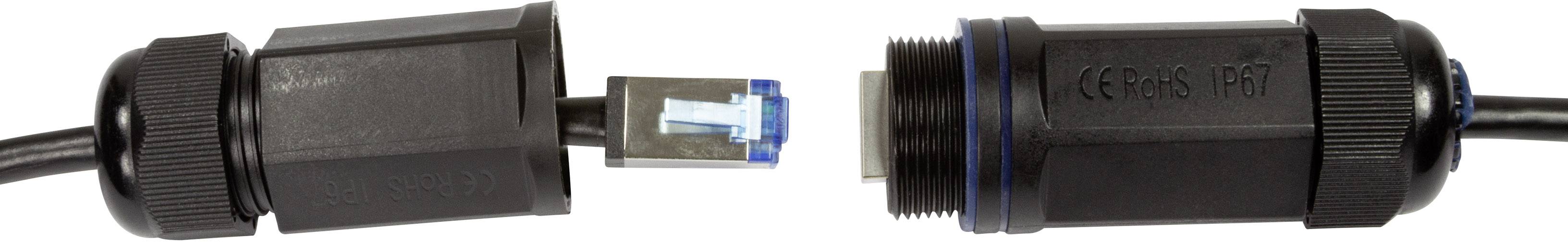 Zwei Steckverbindungen eines wasserdichten Ethernet-Kabels vor weißem Hintergrund, die auseinandergezogen sind.