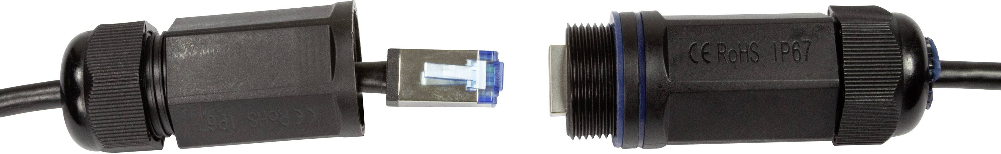 Zwei wasserdichte Netzwerkkabelverbinder, einer geöffnet, zeigt den inneren RJ45-Stecker. Verbinden Netzwerkkabel sicher in Außenumgebungen.