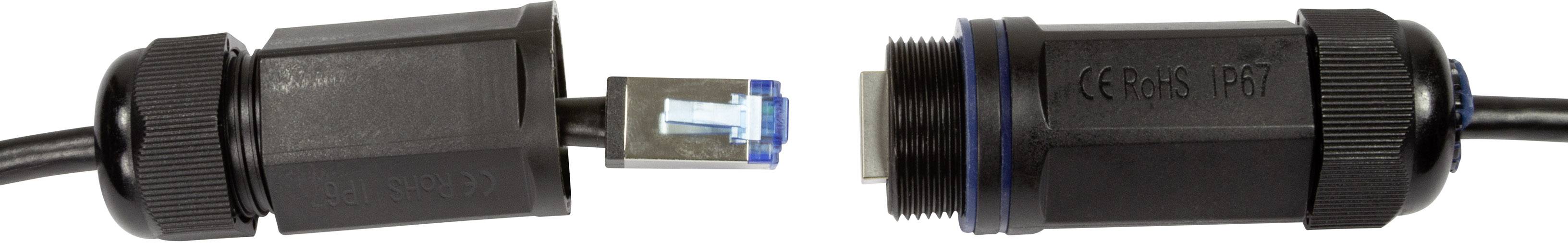 Zwei schwarze, wasserdichte Steckverbinder, die ein Netzkabel und einen Ethernet-Kabelanschluss zeigen, getrennt und bereit zum Verbinden.