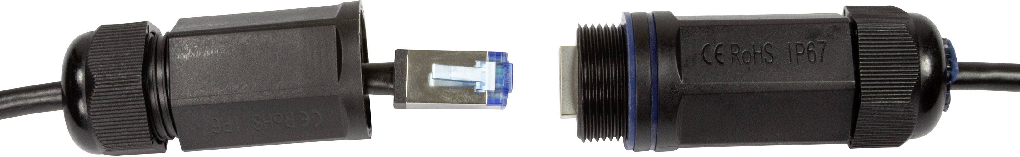 Zwei wetterfeste Ethernet-Stecker, einer mit blauer RJ45-Buchse, stehen unverbunden gegenüber. Geeignet für Außeninstallationen.