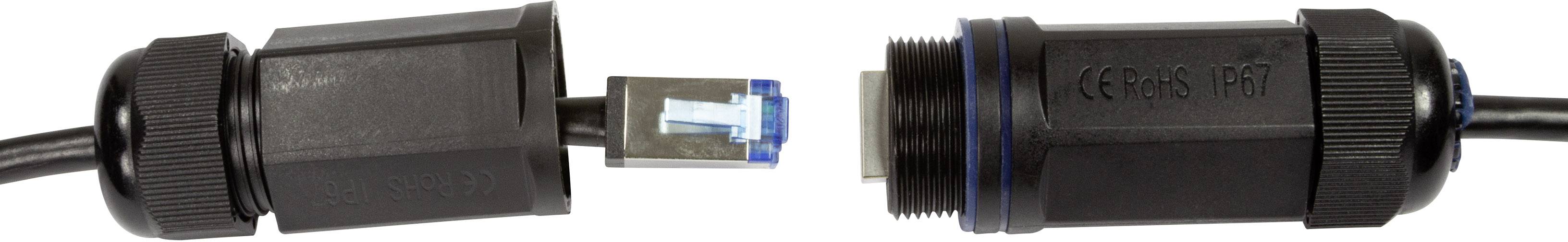 Zwei schwarze Steckverbinder, links männlich, rechts weiblich, mit einem vierpoligen Stecker dazwischen.