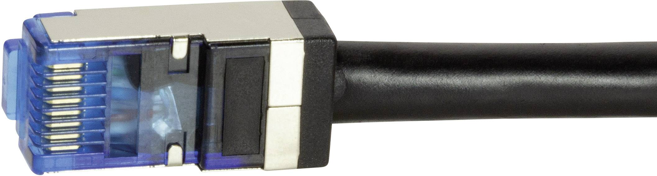 Nahaufnahme eines RJ45-Netzwerkkabels mit blauem Stecker und schwarzer Ummantelung. Geeignet für Ethernet-Verbindungen.