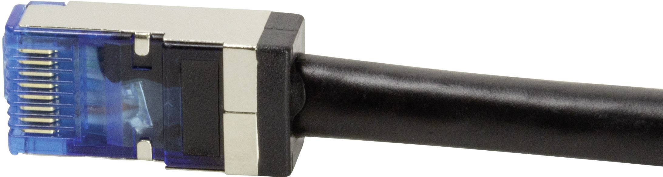 Ein blauer Ethernet-Stecker mit schwarzem Kabel. Der Stecker hat metallene Kontakte und wird für Netzwerkverbindungen verwendet.