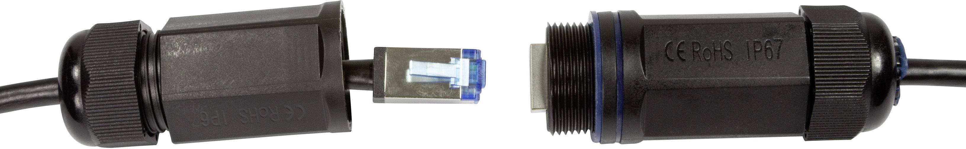 Zwei Steckverbindungen: Eine mit Kabel, eine Buchse. Beide in Schwarz, zeigen einen getrennten Zustand vor dem Zusammenfügen.