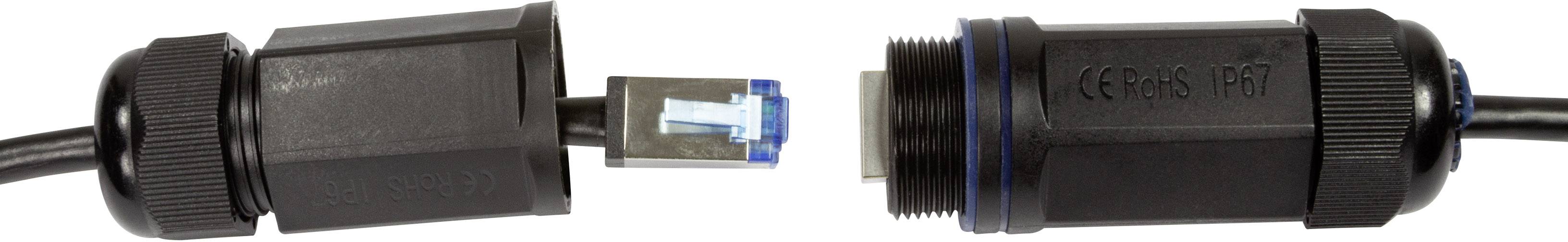 Steckverbinder mit abnehmbarem RJ45-Ethernet-Stecker, umgeben von schwarzen Schraubverschlüssen, zur industriellen Verkabelung.