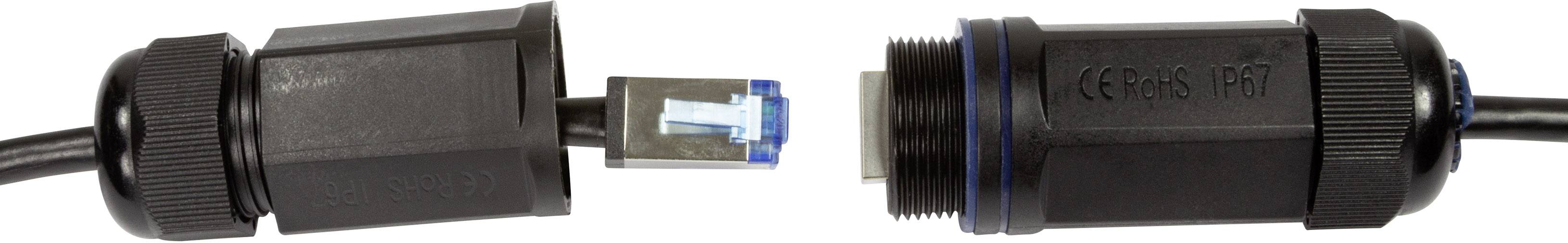 Ein Ethernet-Stecker wird in eine wetterfeste Buchse gesteckt. Der Stecker ist blau, die Buchse ist schwarz und zylindrisch.
