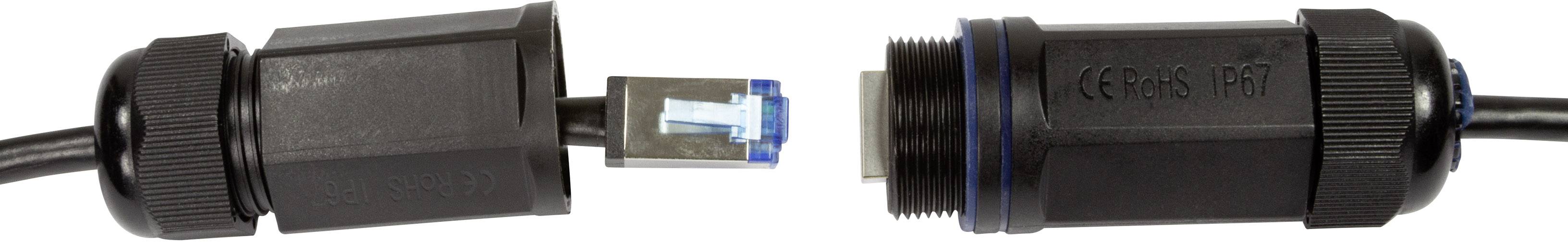 Zwei schwarze Steckverbinder mit Ethernet-Kabel, bereit zur Verbindung. Der linke Stecker trägt ein blaues Kabelende, der rechte eine blaue Dichtungsring.