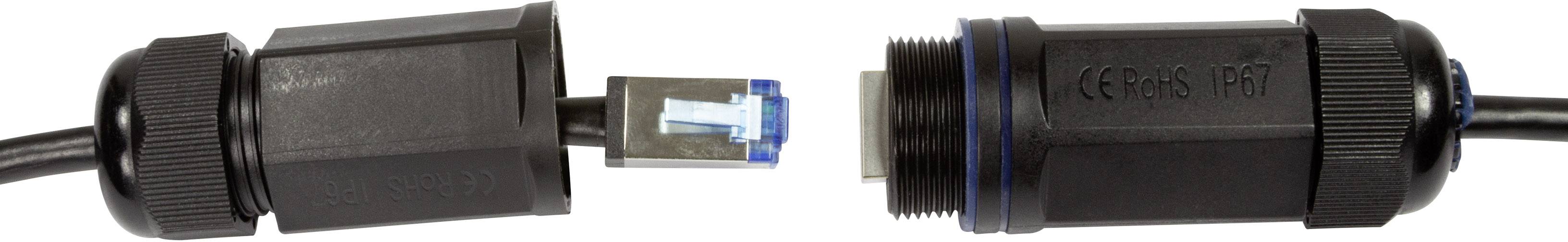 Ein schwarzer, teilzerlegter Ethernet-Stecker mit blauer Innenfarbe zeigt die Verbindungsmöglichkeiten eines Kabels.