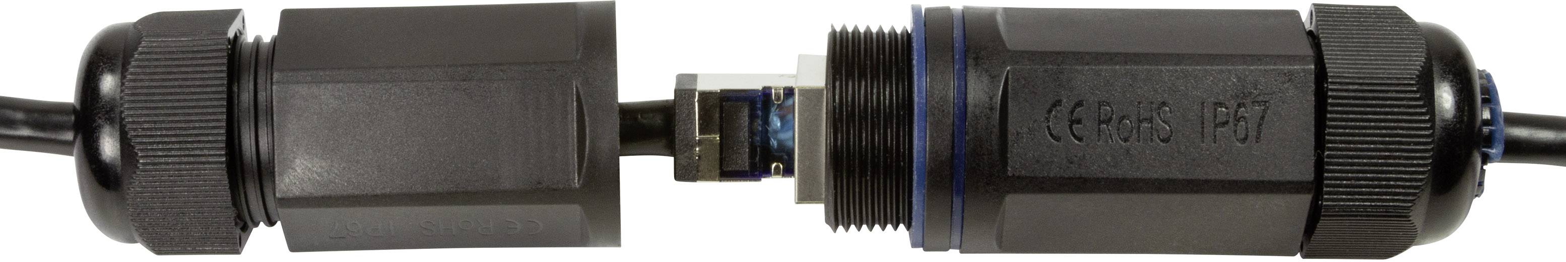 Ein schwarzer, wasserdichter Kabelstecker ist in zwei Teile getrennt. Links ist der Stecker mit Kabel, rechts die Steckbuchse mit Beschriftung.